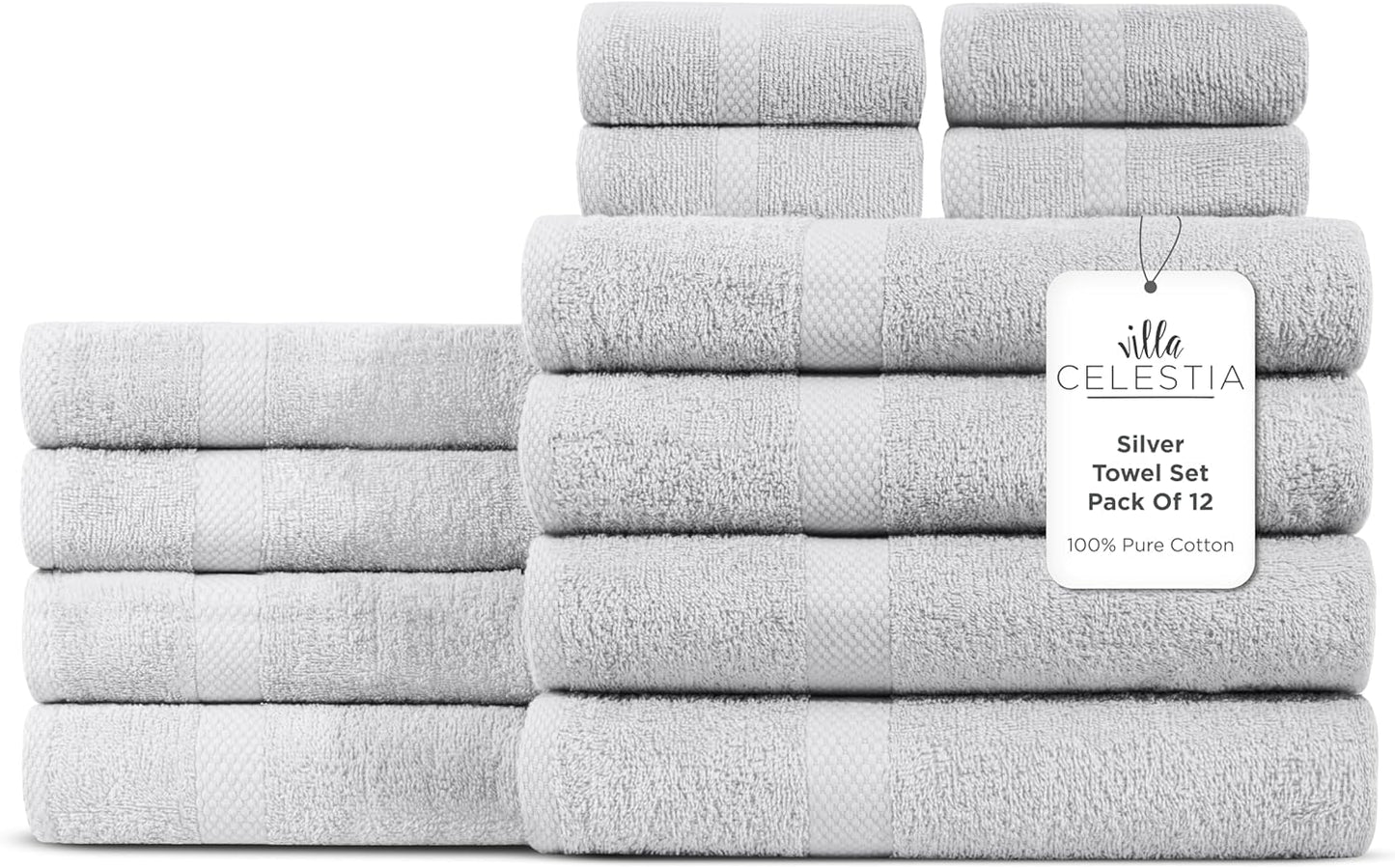 100% Cotton Bath Towel Set of 12-4 Bath Towels, 4 Hand Towels, 4 Wash Cloths, Sustainable, Soft, Highly Absorbent, Combed Cotton 12 Piece Set for Hotels, Spa, Bathroom, Dorm, Silver
