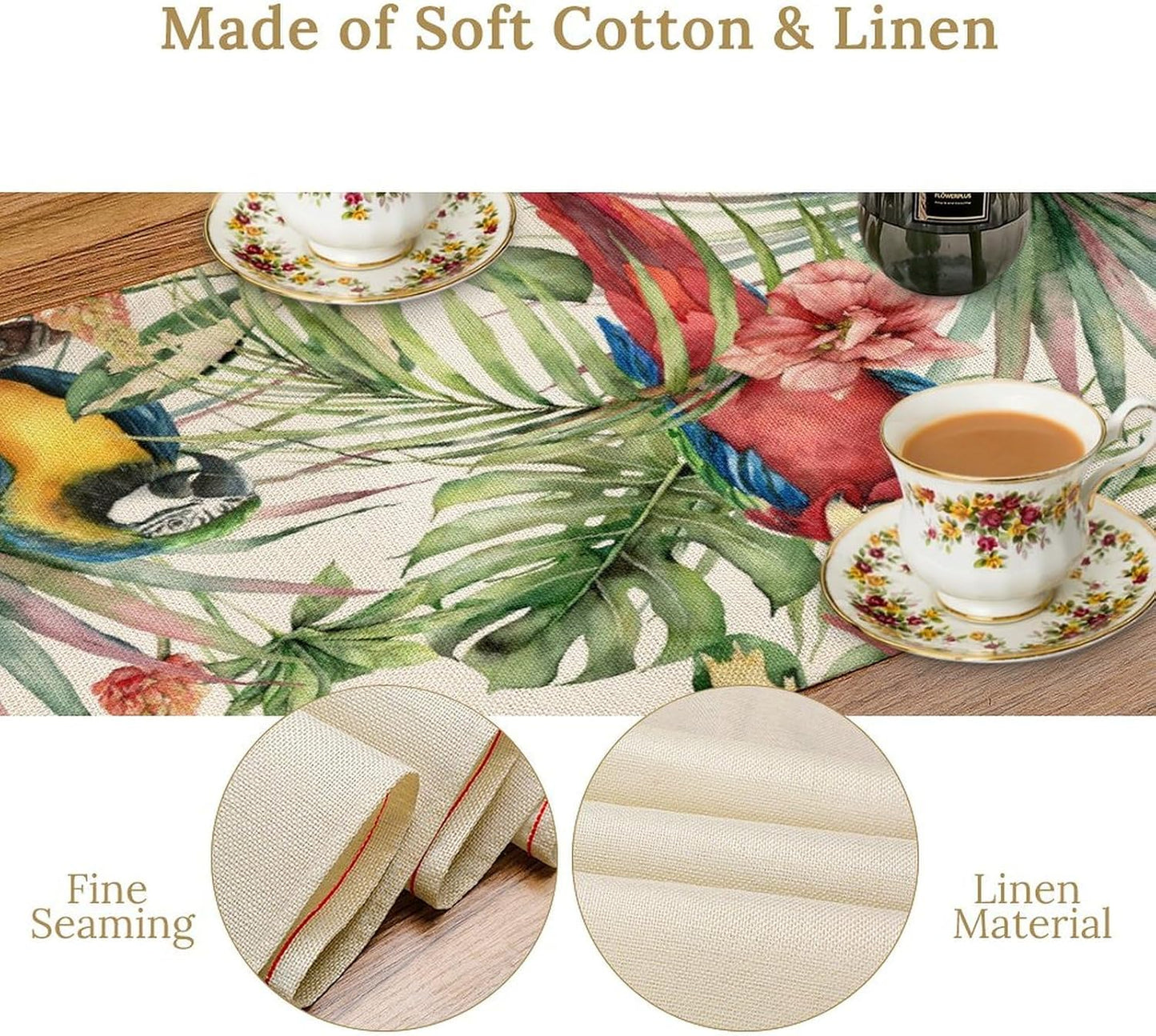 Parrot Table Runner,Tropical Palm Leaf Colorful Macaw Bird Watercolor Print Tablecloth Burlap for Hotel Indoors Outdoor Dining Room Kitchen Home Decor,W13X L60 in