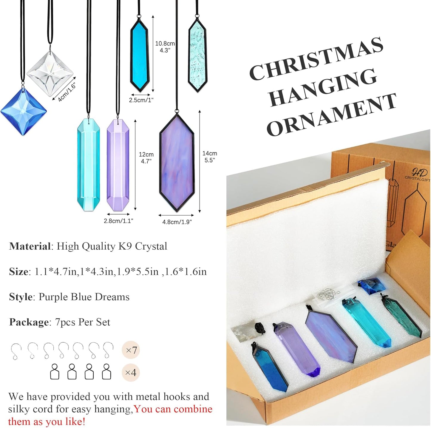7 Pack Stained Glass Icicle Ornaments for Christmas Tree,Crystal Prism Hanging Suncatchers for Windows,Crystal Christmas Ornaments 2025 for Women