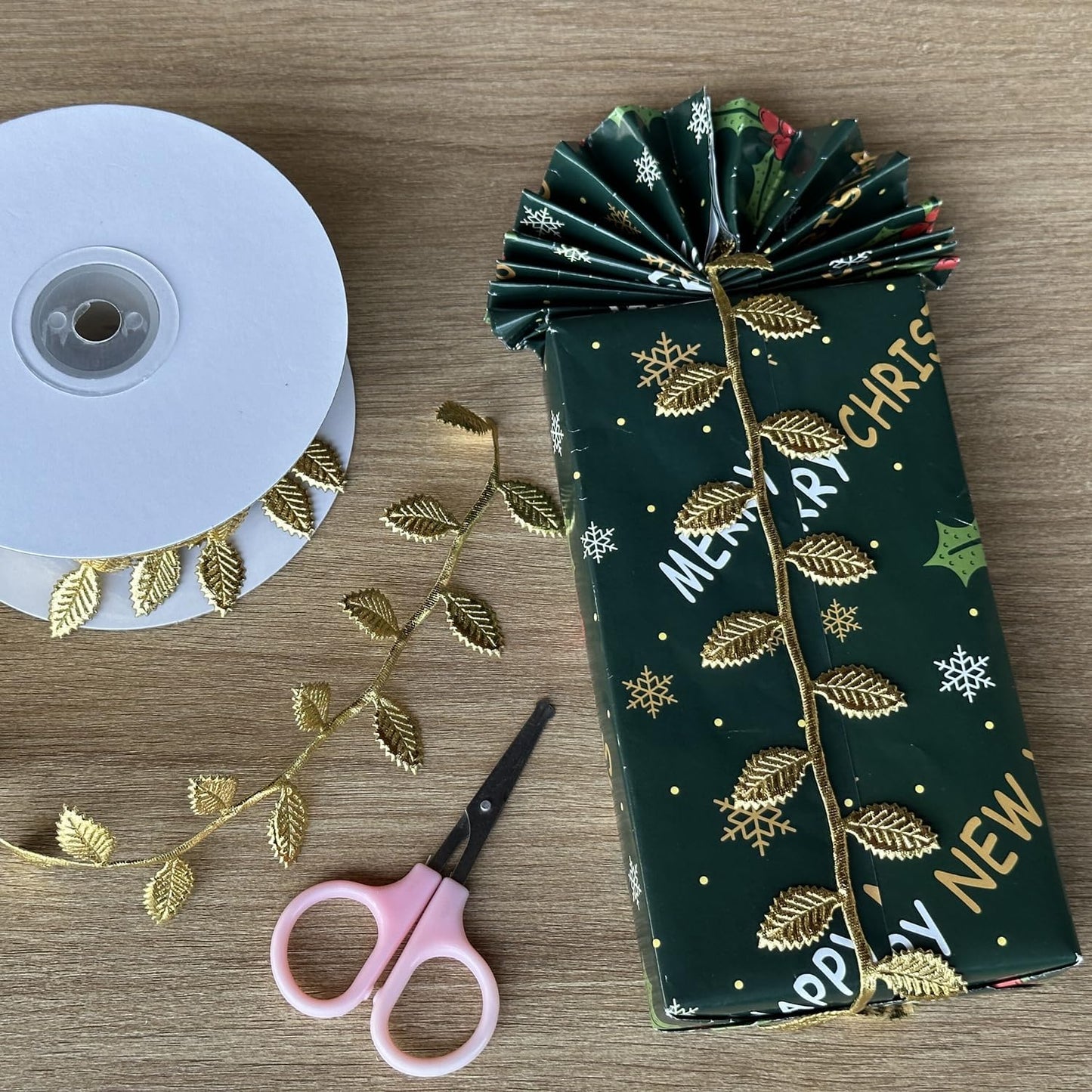 BASOKAN Rose Gold Leaves Ribbon for Wedding Party Home Decorations - 20 Yards - Leaf Trim Rope for Garland and DIY Crafts