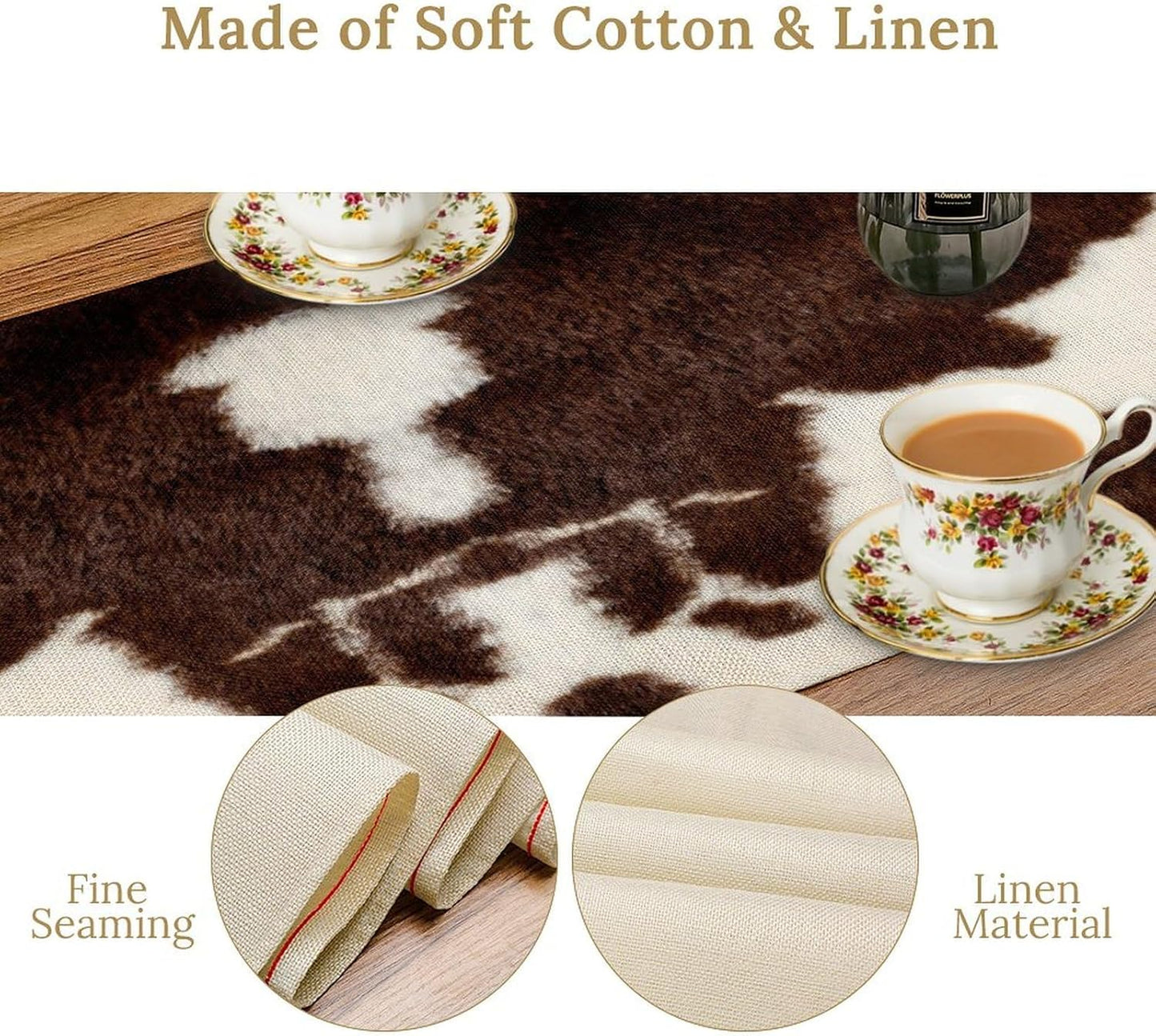 Cow Skin Print Table Runner, Safari Wildlife Brown Country Farm Cowhide Pattern Cotton Linen Rustic Cottage Table Runner for Dinning Home Party Holidays Home Setting, 13x70 Inch