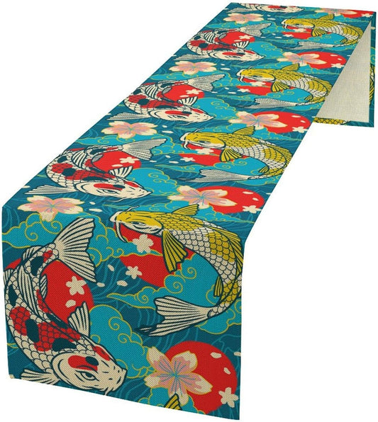 Japanese Kio Fish Table Runner Oriental Tradition Cherry Art Printed Burlap Runner Home Kitchen Dining Table Living Room Decor Fabric 1 Panel W13xL70in