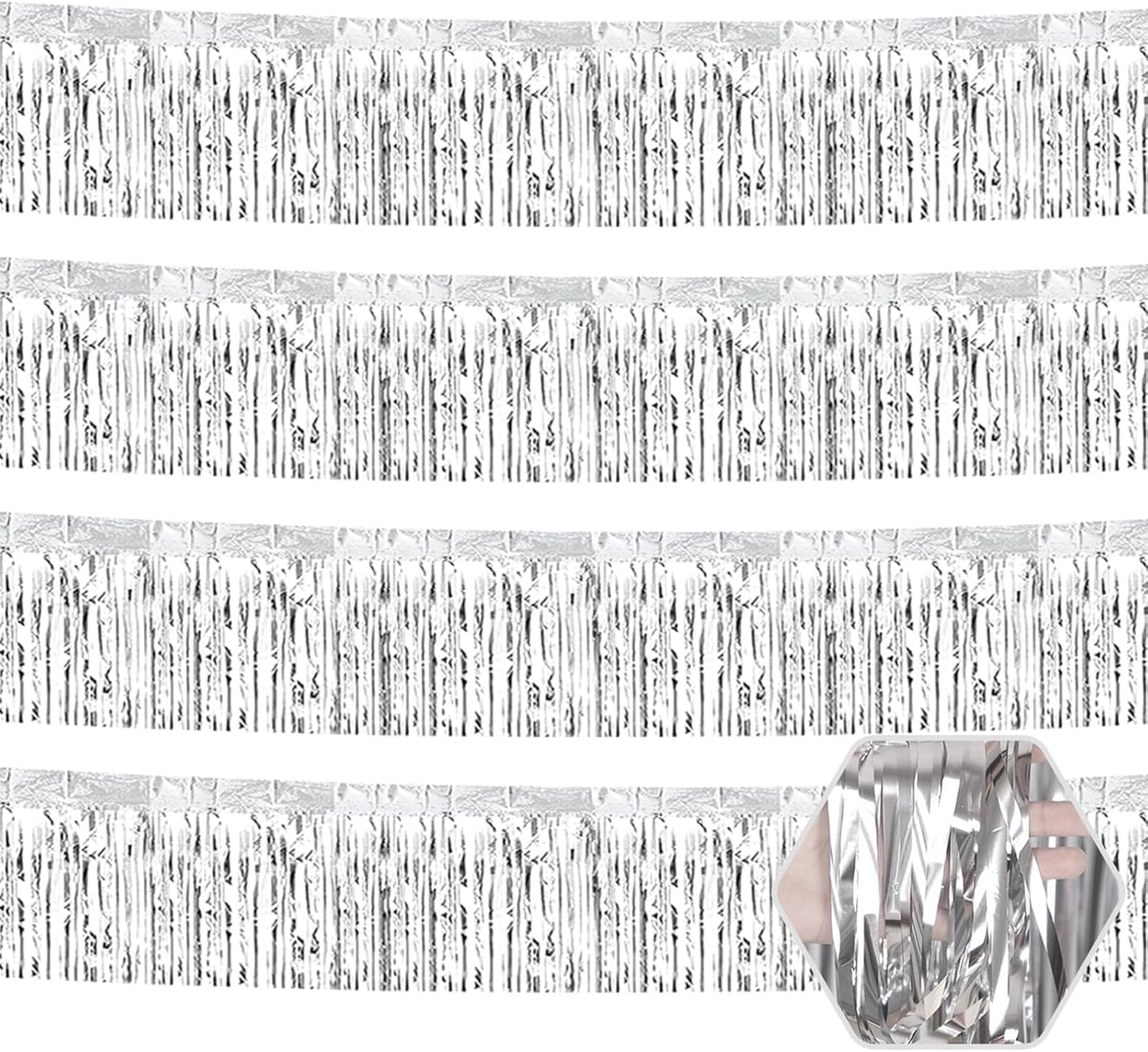4 Pack 10 Feet Silver Foil Fringe Garland Metallic Tinsel Streamers Banner Wall Hanging Curtain Backdrop for Parade Floats, Wedding, Graduate, Mother's Day, Birthday Party Decoration