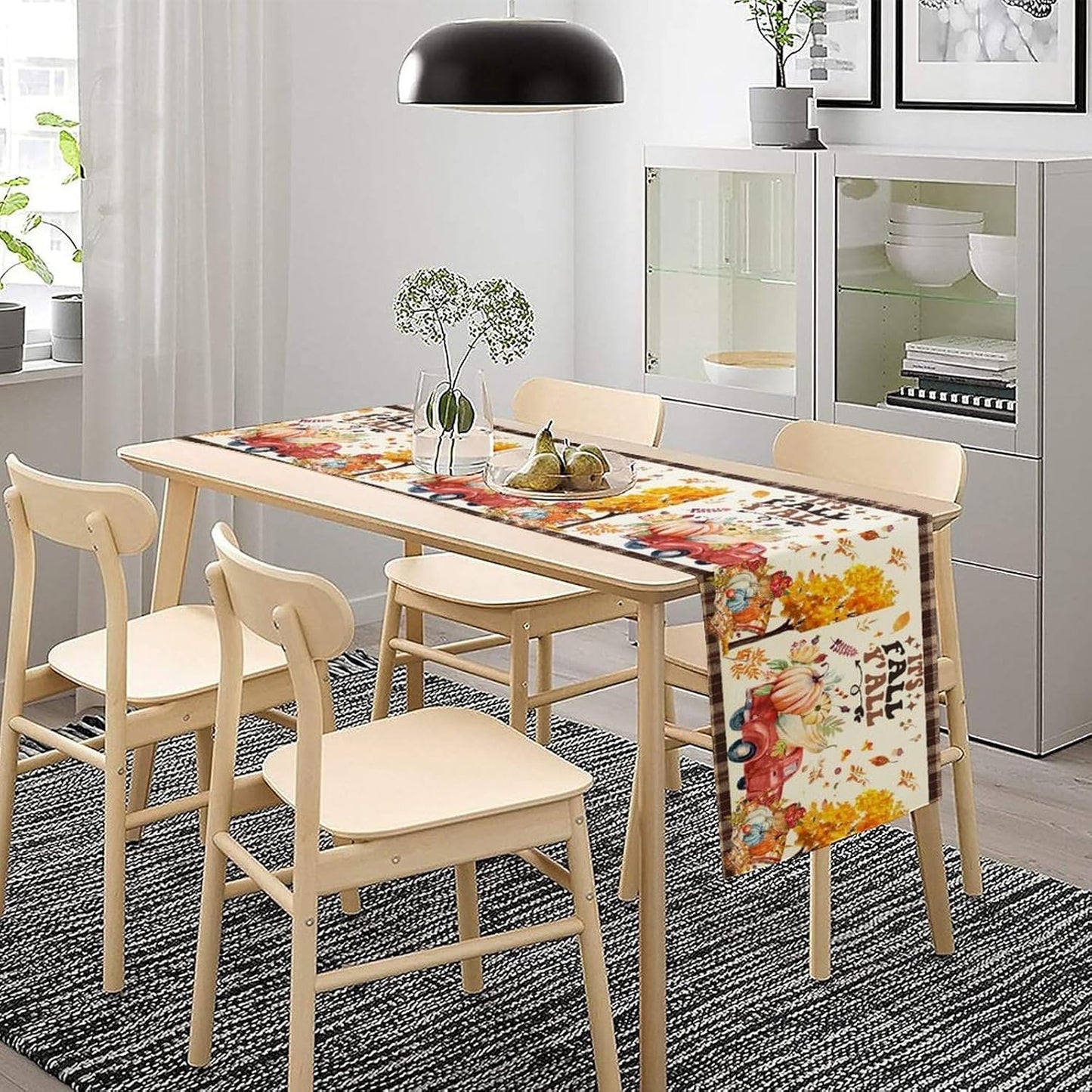 Fall Pumpkin Table Runner,Rustic Maple Yellow Leaf Trees Truncks Brown Plaid Tablecloth Burlap for Hotel Indoors Outdoor Dining Room Kitchen Home Decor,W13X L70 in