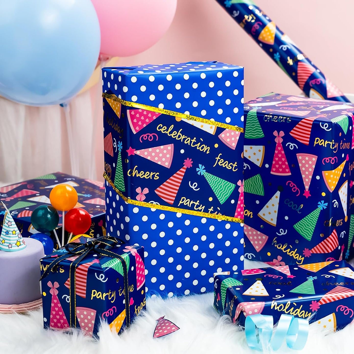 Yarcony Boys Birthday Wrapping Paper Roll - 17 Inch X 33 Feet - Reversible Metallic Foil Navy Blue Men Boy Gift Wrap Paper Blue Wrapping Paper for Birthday, Party, Baby Shower, Holiday, Father's Day