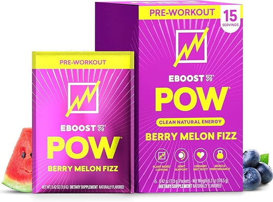 EBOOST POW Natural Pre Workout Powder - 15 Packets, Berry Melon Fizz - Preworkout Energy Booster Gym Supplement Drink Mix for Men and Women - Performance, Joint Mobility Support - Gluten-Free