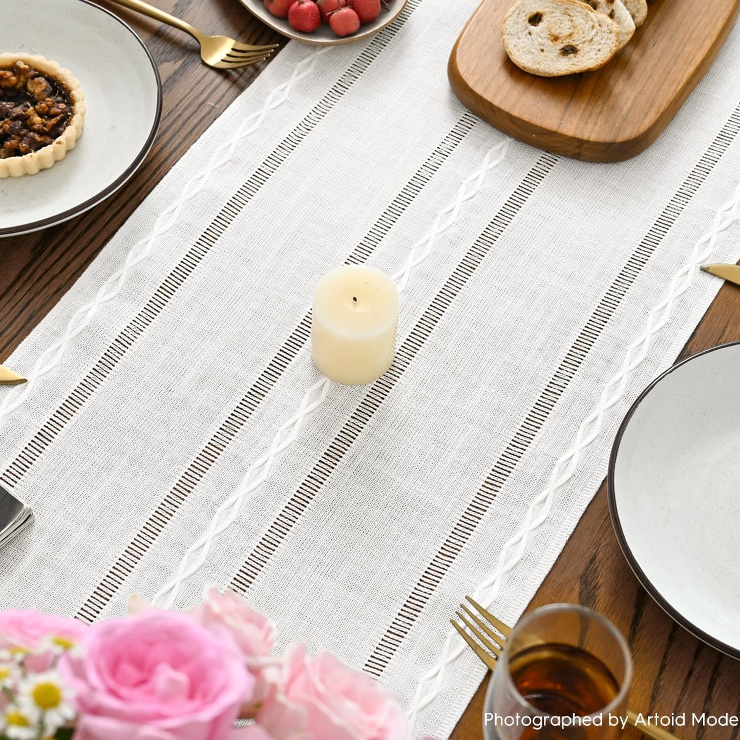 Artoid Mode Rustic Cotton Linen Table Runner, Seasonal Embroidered Hollow Kitchen Dining Table Decoration for Home Party Decor 13x36 Inch