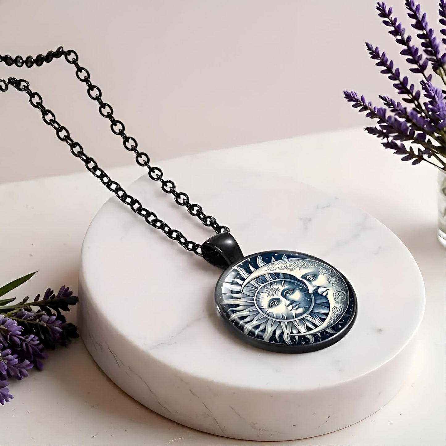 1pc Stunning Round Pendant Necklace - Unique Sun & Moon Pattern, Oil Painting Style Glass Mosaic, Alloy Construction, Trendy Sweater Chain, Fashionable Gift for Women - Christmas or Birthday Gift