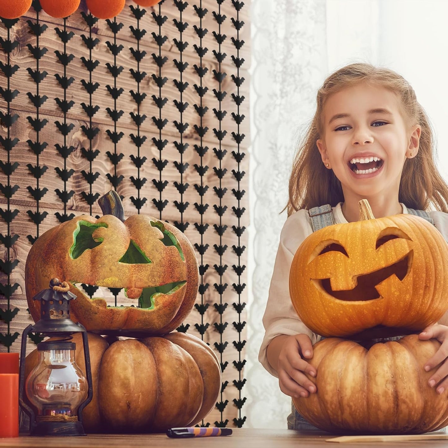 CANREVEL 2 Pack 3.2x6.5 Feet Halloween Foil Fringe Backdrop Curtains, Black Bat Tinsel Streamers Party Decorations, Fringe Backdrop for Wall Door Indoor Outdoor Decorations