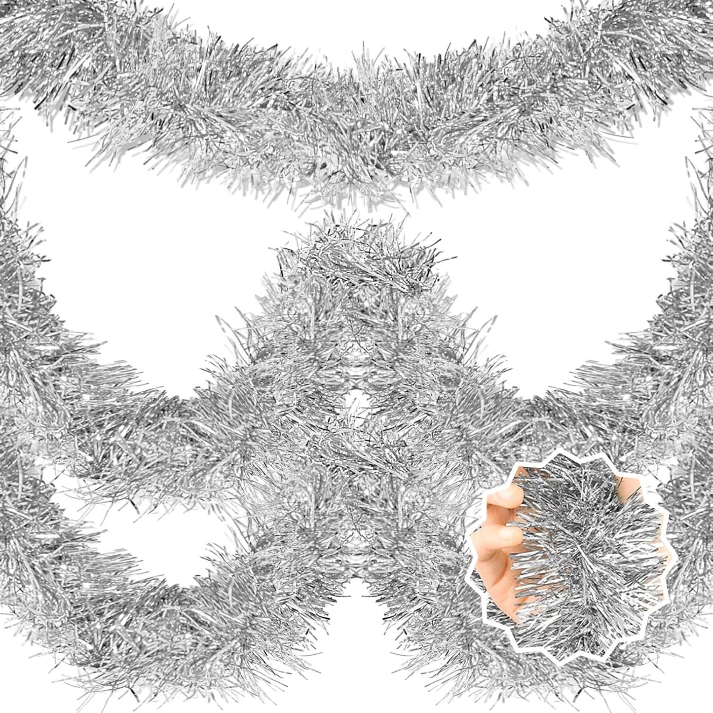 25 Feet Silver Christmas Tinsel Garland, Metallic Foil Twist Banner Wall Hanging Tinsel Streamers Backdrop for Parade Floats, Christmas, Mother's Day, Birthday Party Decorations(4in x 25ft)