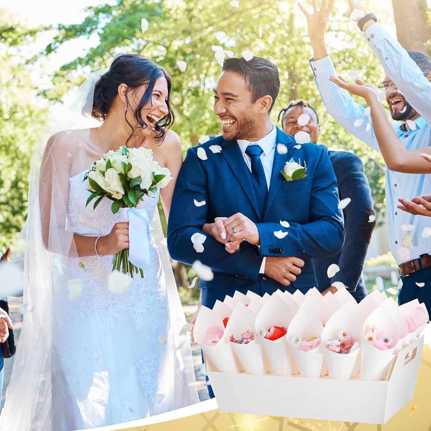 6 Set Wedding Confetti Cone Holder Box Each Includes 30 Pieces of Cone Papers and 30 Holes for 30 Confetti Cones Box Party Confetti Cone Kraft Stand Tray Box for Wedding Party Candy Flower(White)