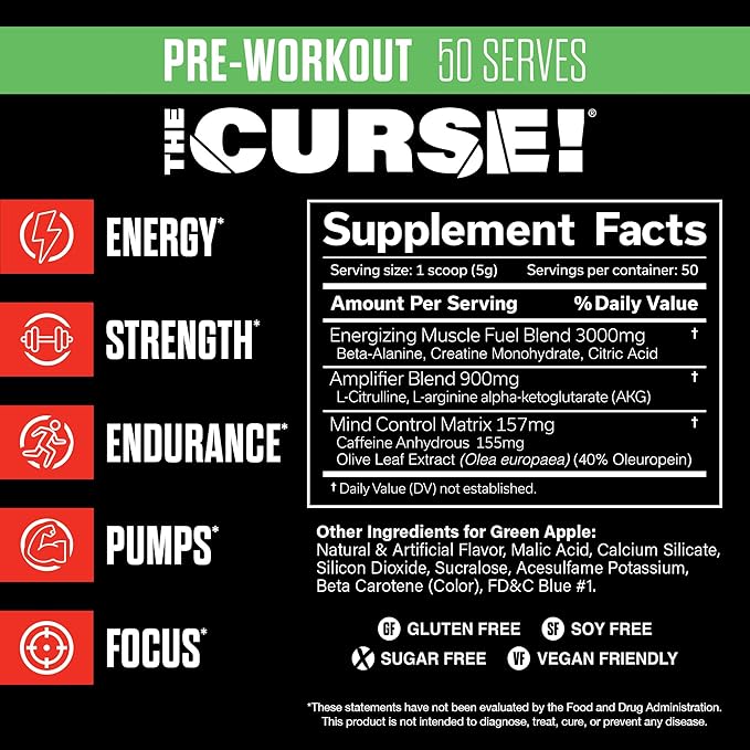 JNX SPORTS The Curse! Pre Workout Powder for Men & Women, Caffeine, Beta-Alanine, Creatine, L-Citrulline, 50 Servings, Green Apple Flavor – Boost Energy, Strength & Focus