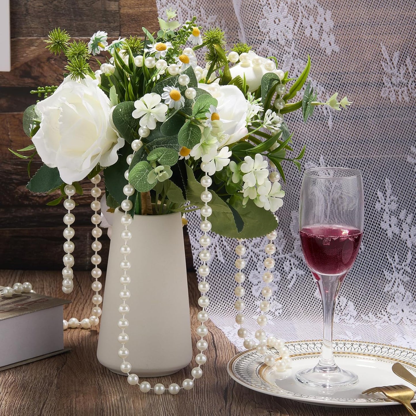 Pearls String Beads 33 Feet Faux Pearls Roll for Crafting Christmas Tree Garland Flowers DIY Wedding Party Centerpiece Party Jewelry Decoration (10mm Ivory)