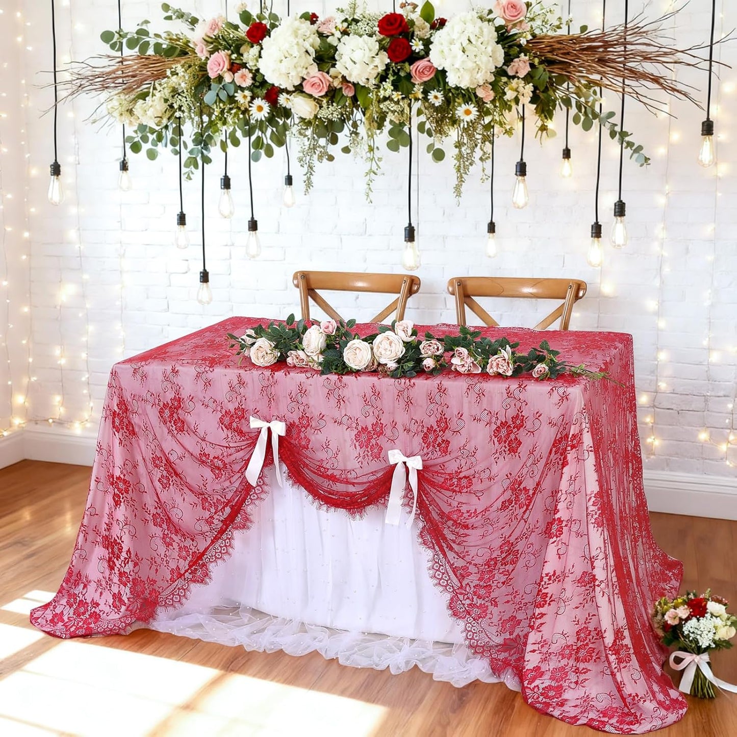 LuoluoHouse Christmas Lace Tablecloth 6pcs Rose Floral Table Fabric 60x120 Inch for Rustic Theme Party Wedding Decoration Rectangle Overlay Long Embroidered Reception Table Cloth Decor