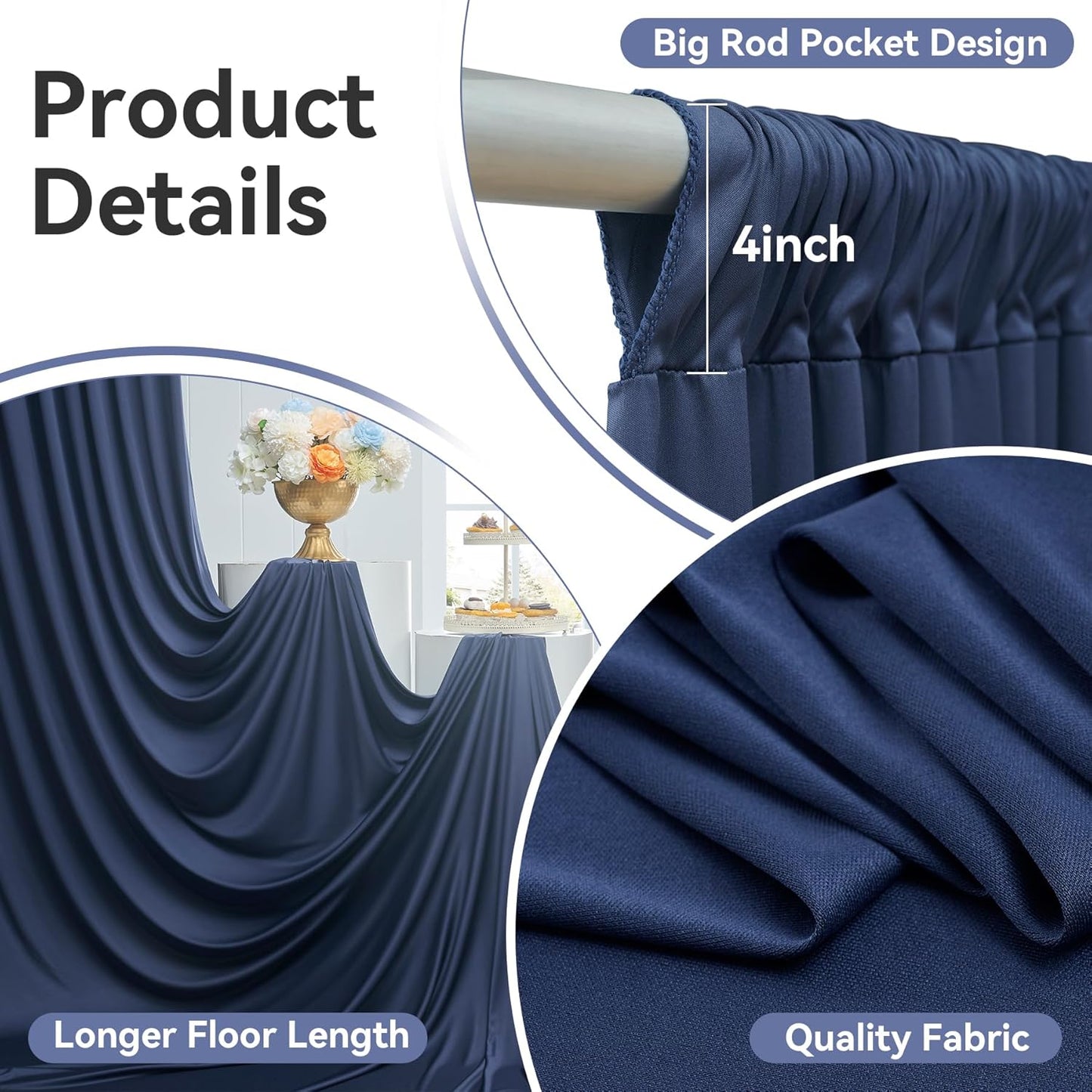 50ftx14FT Wrinkle Free Navy Blue Backdrop Curtain, 10 Panels 14FT Height Navy Blue Wedding Backdrop Drapes, Silky Polyester Back Drop Cloth for Birthday Photography Background Party Backdrop Draping