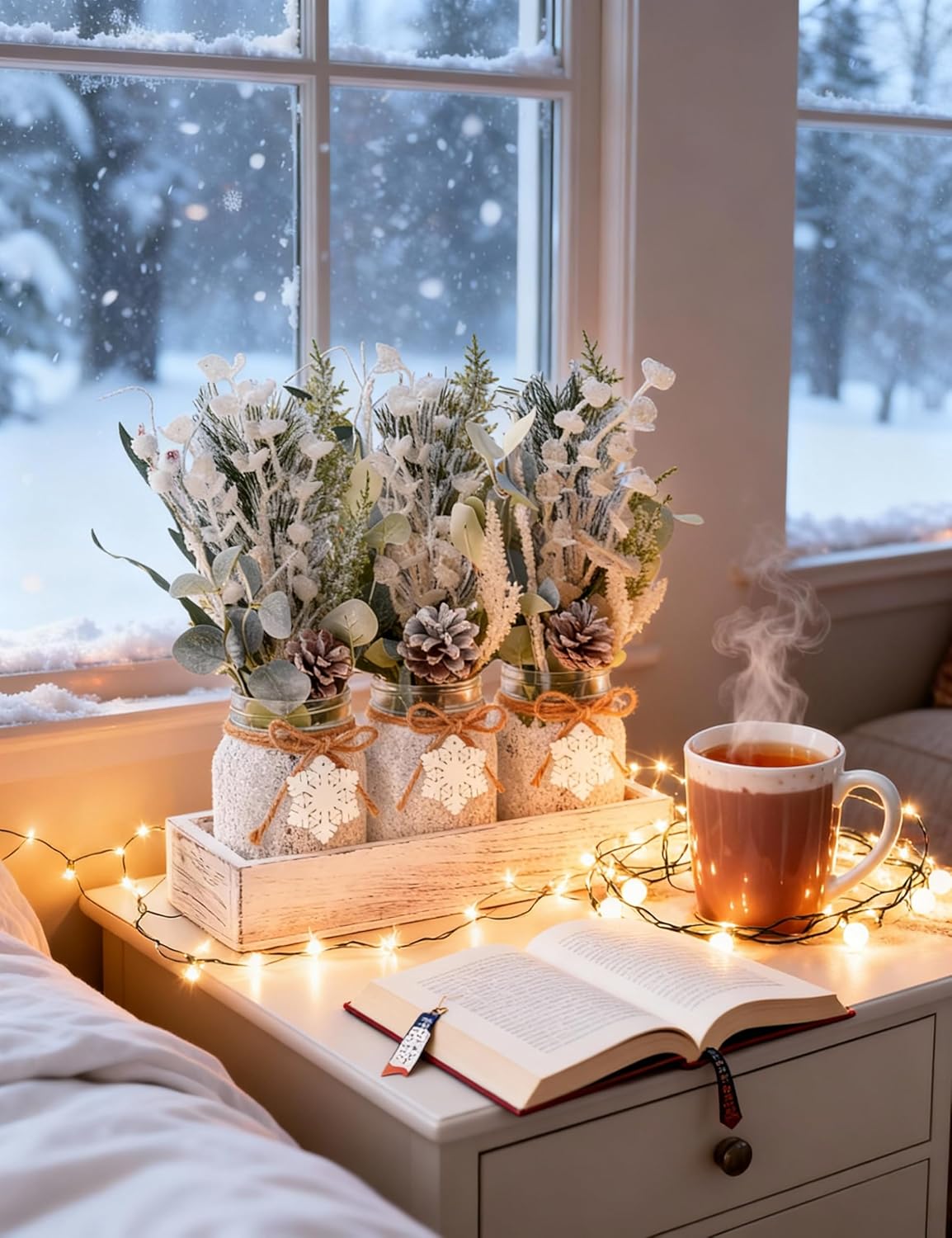 Winter Centerpieces for Tables, Table Decor with Mason Jar, Flowers Picks, Farmhouse Wood Tray, Snowflake Sign, Christmas Winter White Wonderland Table Decorations Centerpieces Indoor for Home