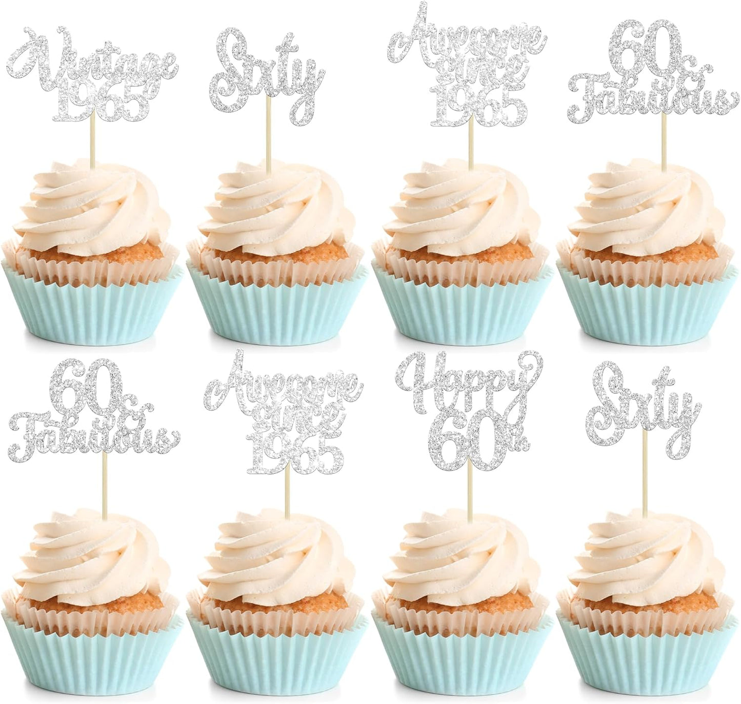 30Pcs Happy 60th Birthday Cupcake Toppers Glitter Sixty Vintage 1965 Cupcake Picks Cheers to 60 Fabulous Cake Decorations for 60th Birthday Wedding Anniversary Party Supplies Silver