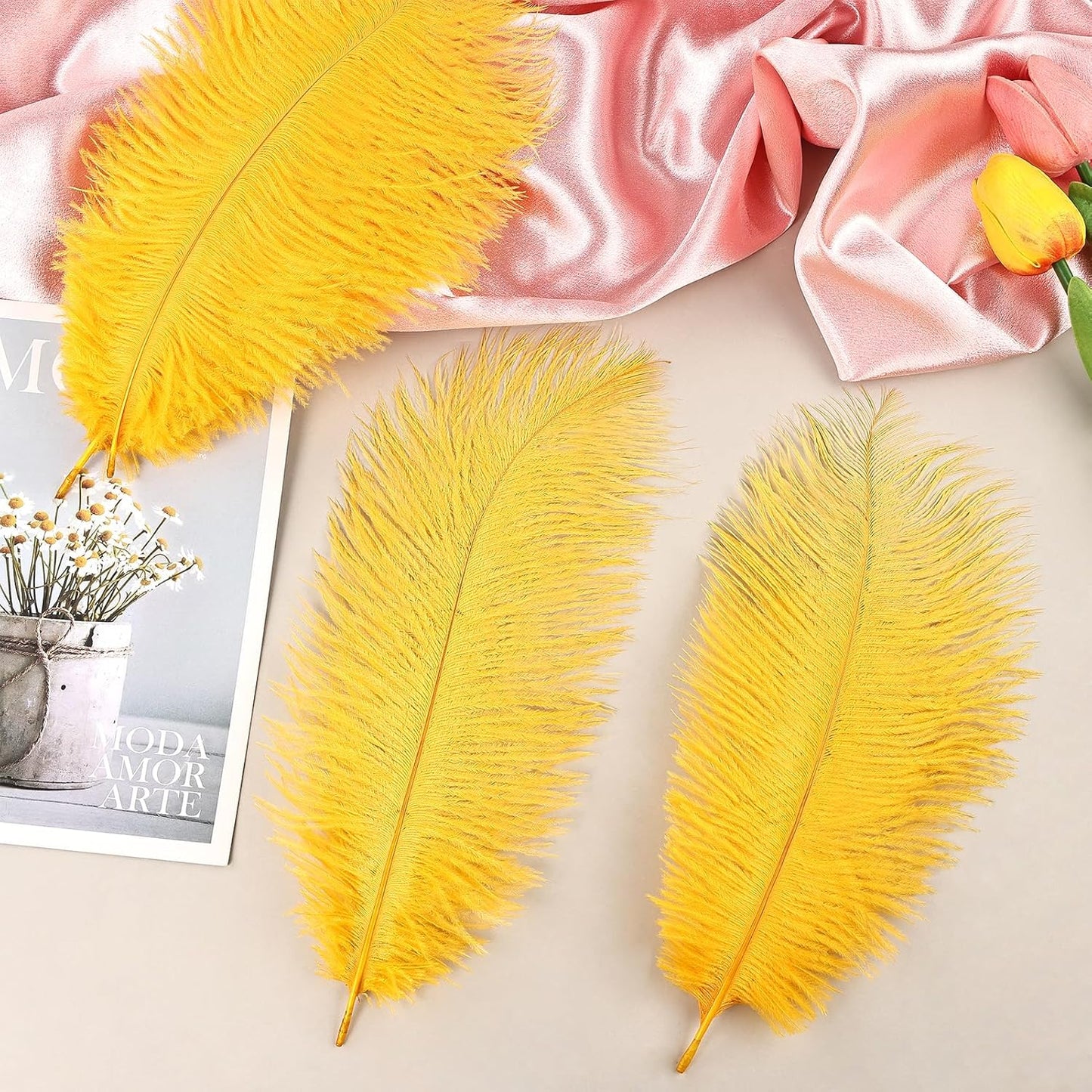 THARAHT Golden Yellow Ostrich Feathers 24pcs Natural Bulk 8-10Inch 20cm-25cm for Crafts Wedding Party Centerpieces Halloween and Home Decoration Feathers