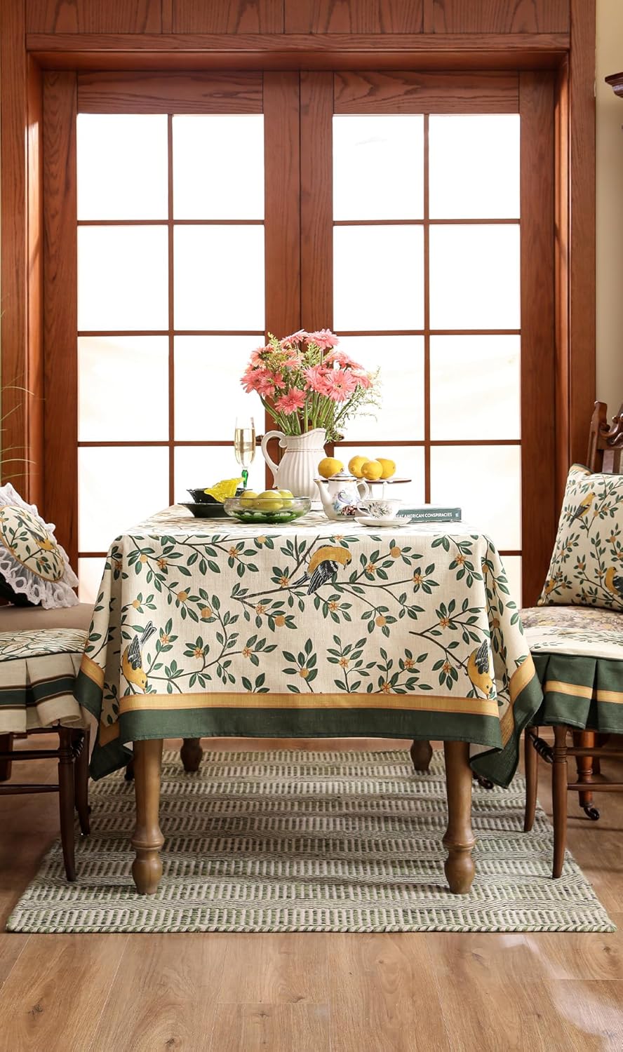 patdrea Designer Green Linen Rectangular Tablecloth,Vintage Breathable Floral Extra Long Table Cloth,Decor Table Cover for Kitchen Dining,Parties,Party,Christmas,Thanksgiving,63"x110"-Warbler