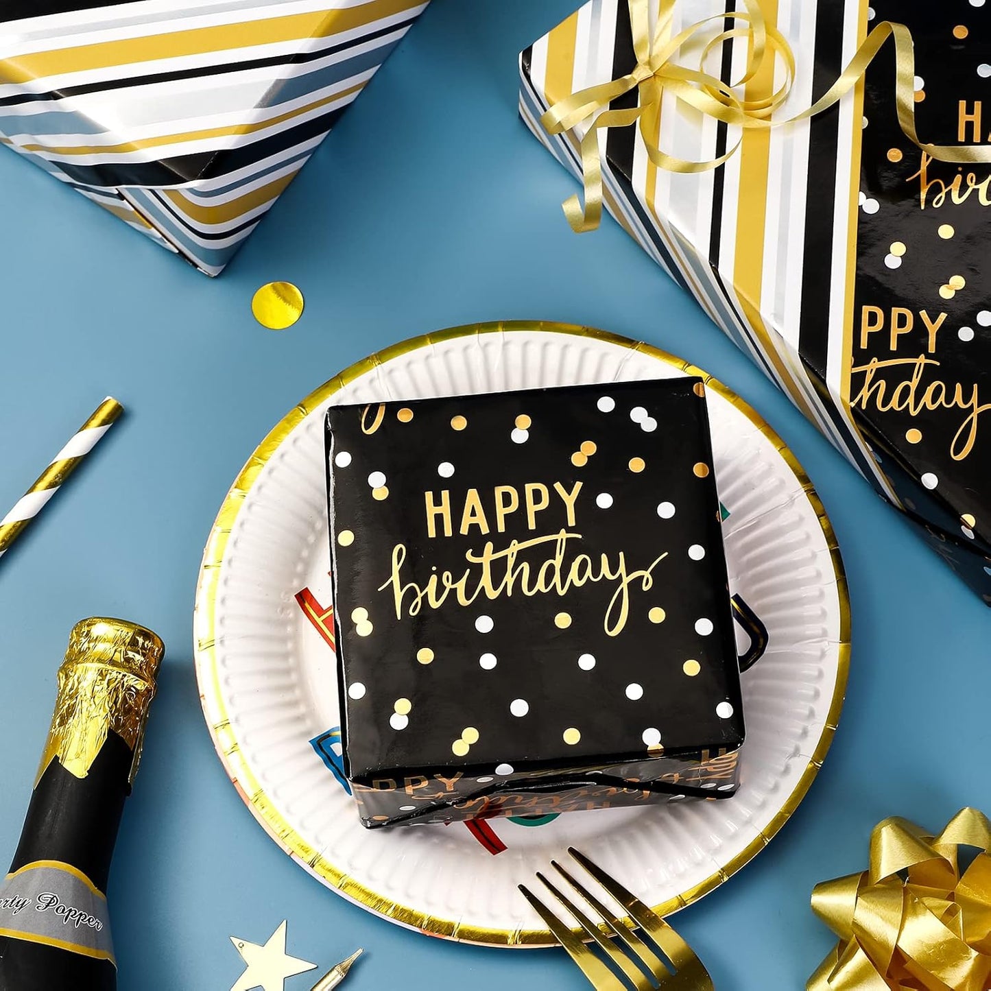 LeZakaa Reversible Black Birthday Wrapping Paper Roll for Boys Men, Happy Birthday Lettering & Stripe Pattern with Metallic Gold Foil in Black, Mini Roll, 17 inches x 32.8 Feet (46.45 sq.ft.)