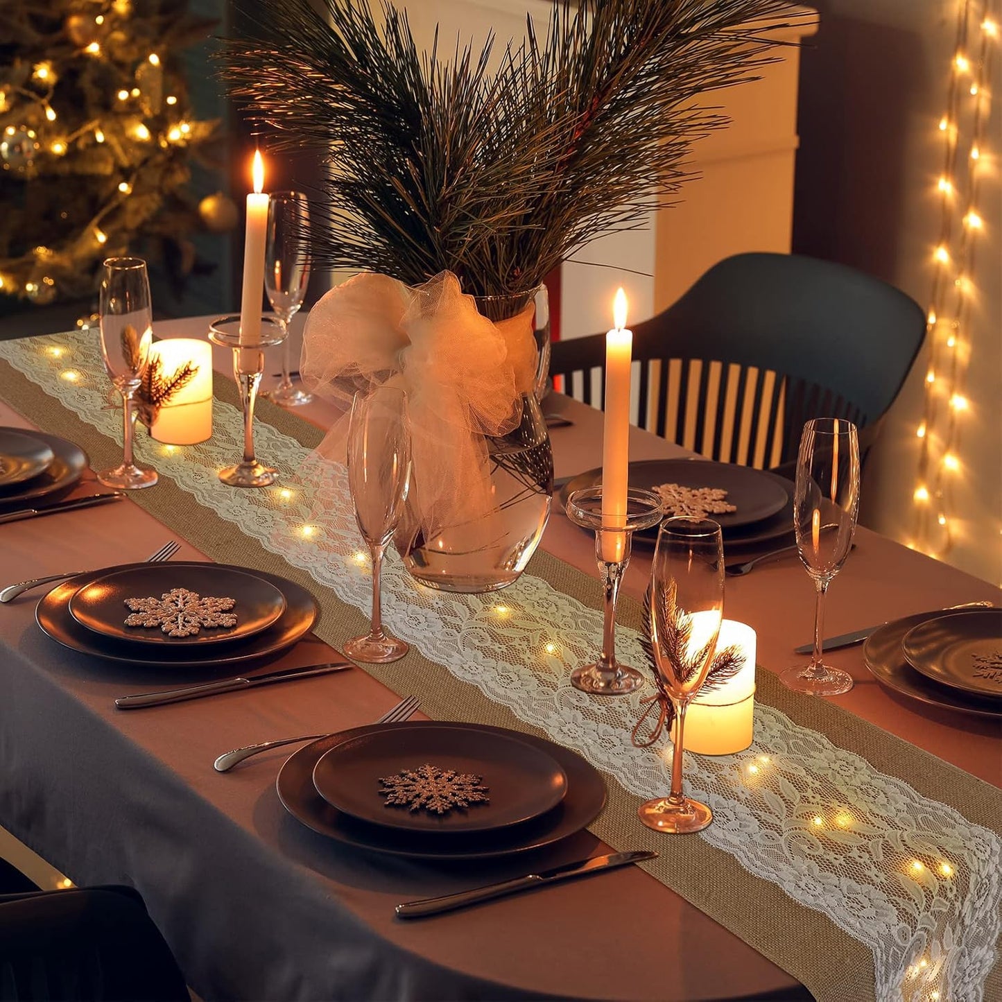 Tudomro 12 Pcs Burlap Table Runner with LED String Lights 12 x 108 Inches Rustic Jute Lace Table Runners Farmhouse Jute Linen Decoration Wedding Decor for Holiday Party Wedding Decorations