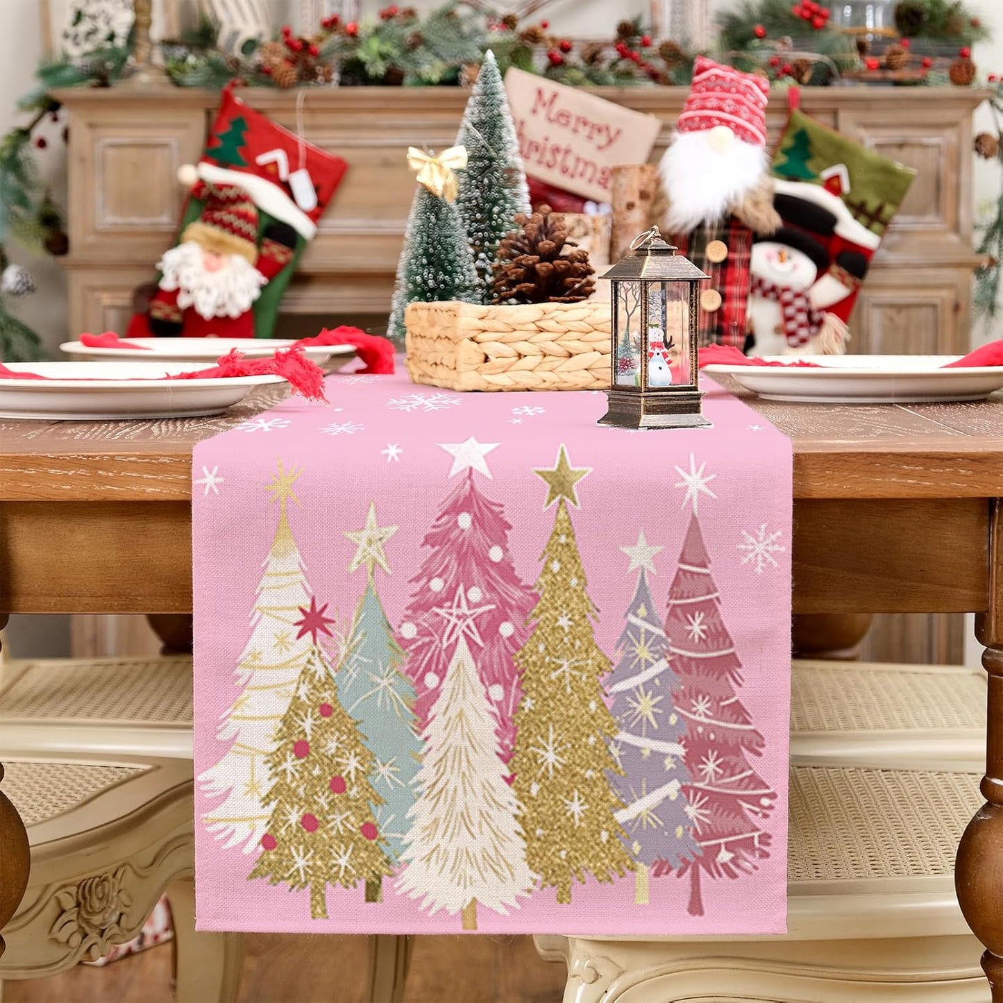 GEEORY Christmas Table Runner 13x90 Inch, Xmas Trees Snowflakes Holiday Decorative Farmhouse Table Decoration for Kitchen Dinning, Indoor Outdoor Dinner Party Decor (Pink) GT153-90