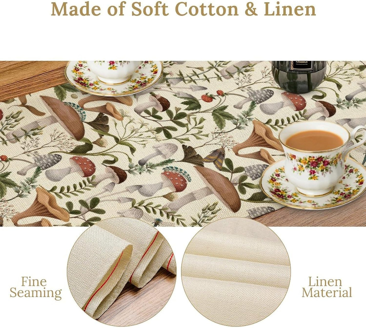 Mushroom Table Runner,Vintage Forest Flower Plant Print Table Runner for Kitchen Dining Table Home Party Decoration 13x36 Inch