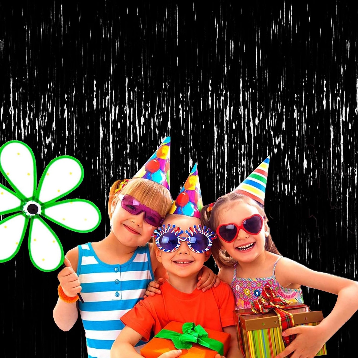 4P Metallic Foil Fringe Tinsel Table Skirts for Rectangle Tables Backdrop Banner Tinsel Streamer Garland Curtains for Parade Floats Wedding Graduation Anniversary Birthday Parties Decoration (Black)