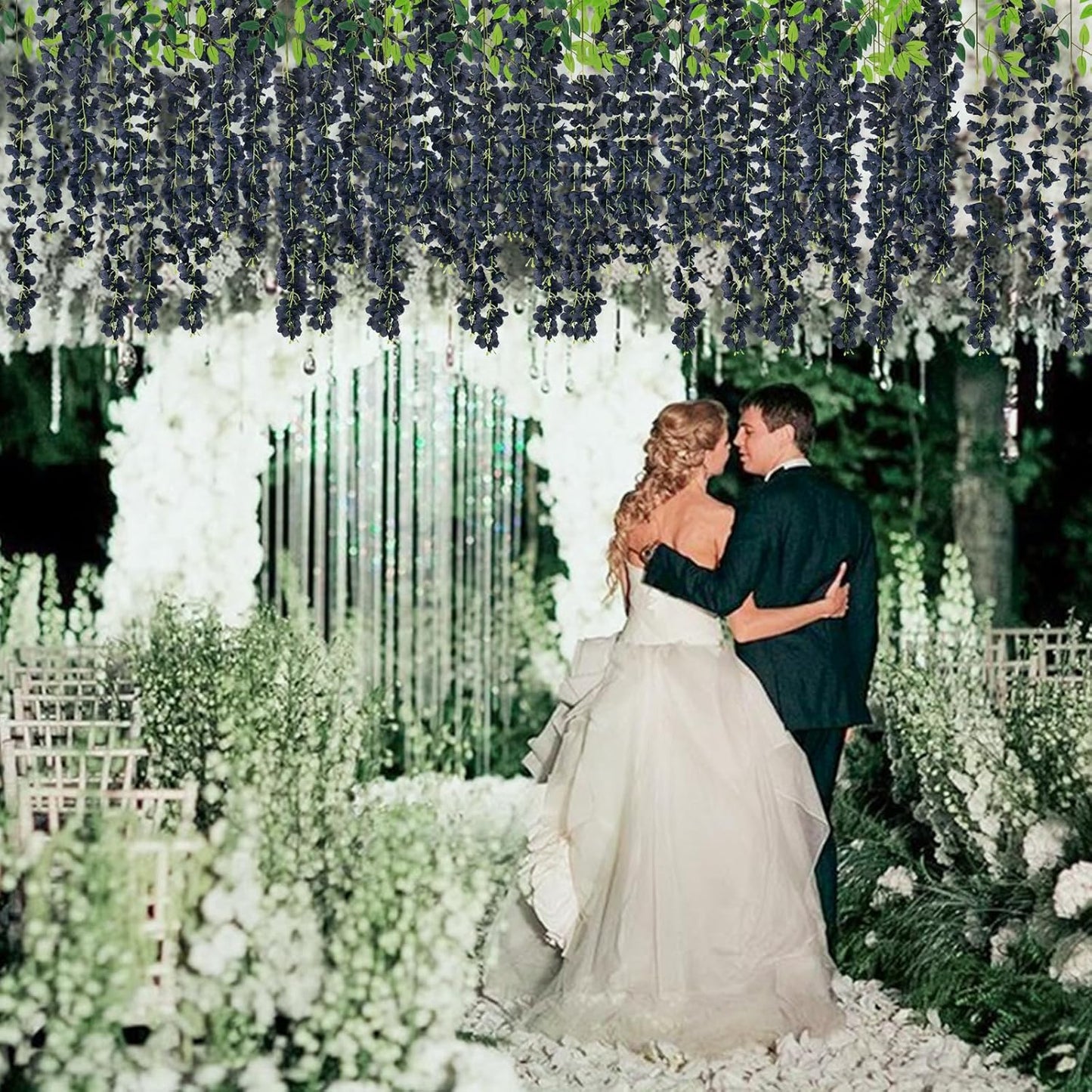 24 Pack Artificial Wisteria Flower Fake Silk Flowers String Vine Ratta Hanging Garland for Home Garden Party Wedding Backdrop Arch Decor (Black)