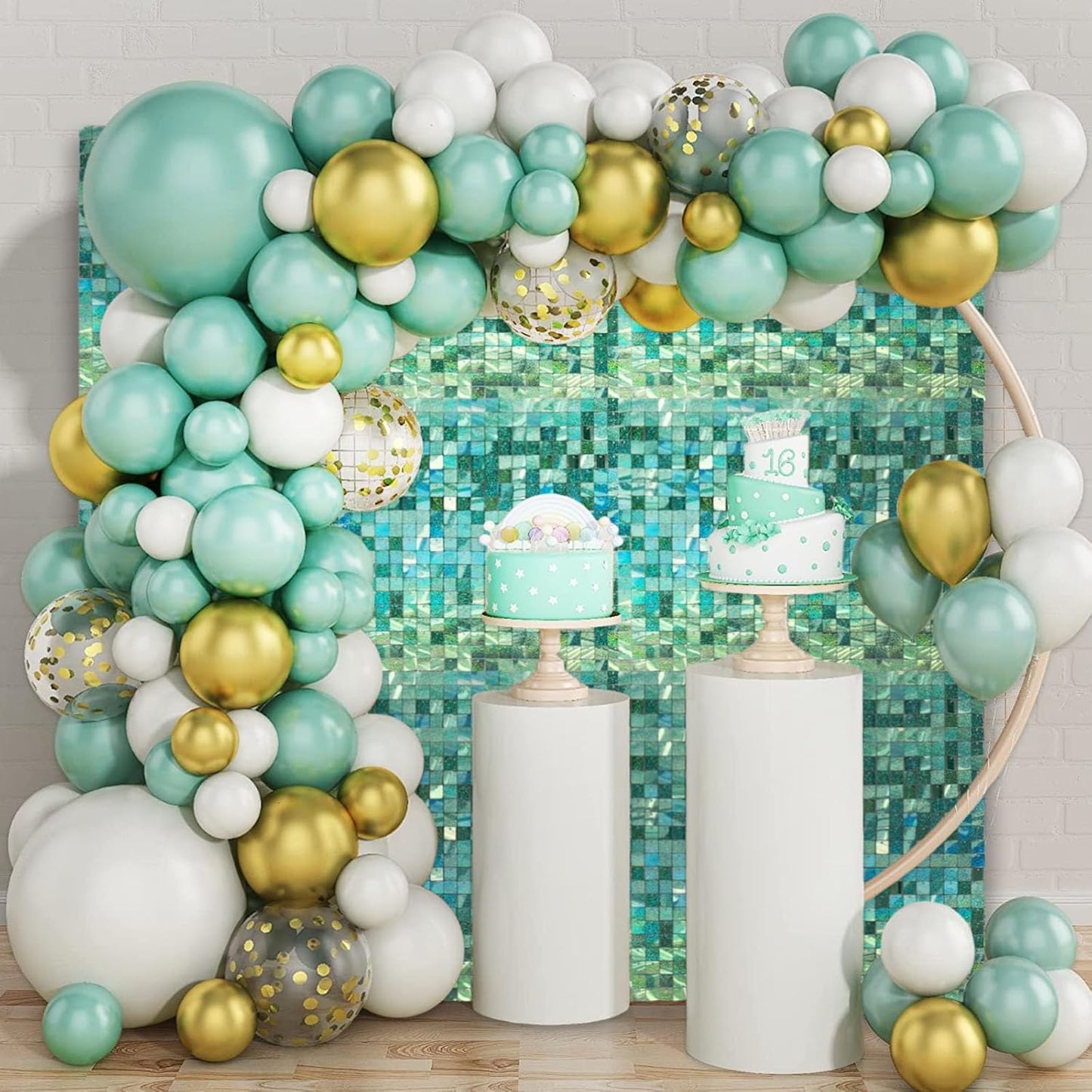 24PCS Light Green Shimmer Wall Backdrop, Laser Square Sequin Photo Backdrops Panel, Glitter Wall Background for Birthdays, Weddings, Christmas, Engagements, Disco Bachelorette Party Decor (4FTx6FT)