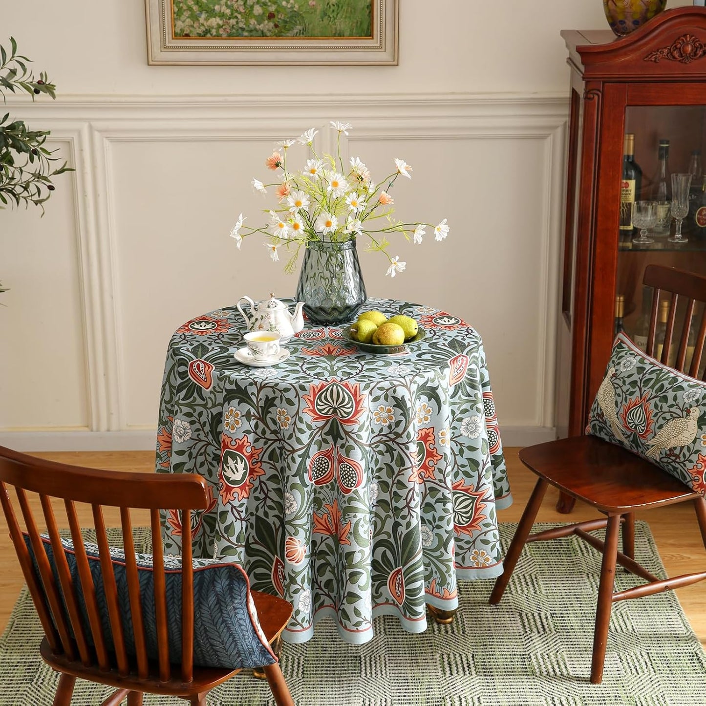 ISAENNE Designer Bohemian Linen Green Small Round Tablecloth,Floral Indoor Table Cloth,Stain Resistant Decor Tablecloths for Dining Thanksgiving Kitchen Party Christmas,Diameter 55"-Naples