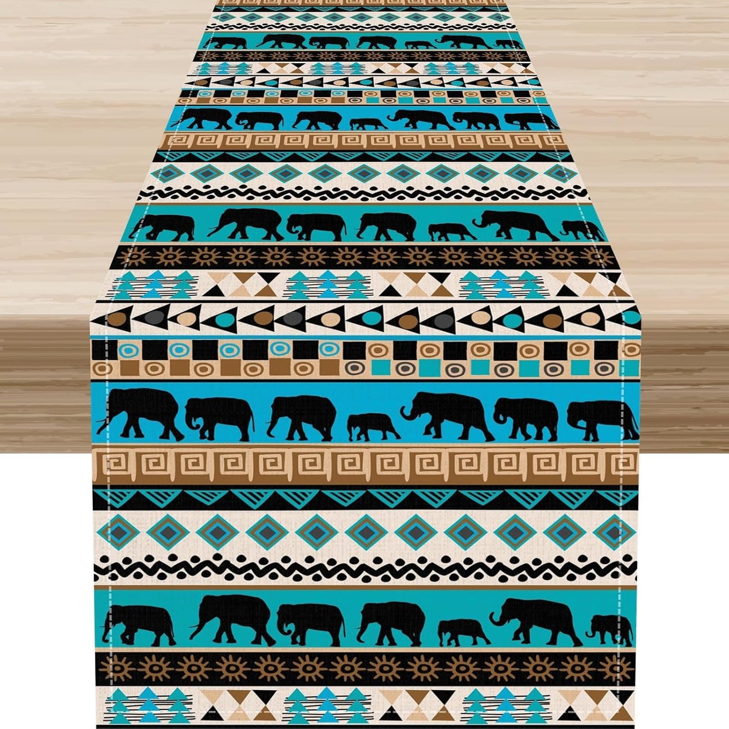 Boho Table Runner, Rustic Aztec Blue Teal African Elephant Tribal Ethnic Native Farmhouse Table Center Decor For Home Kitchen Dining Patio Holiday Party Indoor Outdoor Table Decorations, 13"x108" Inch
