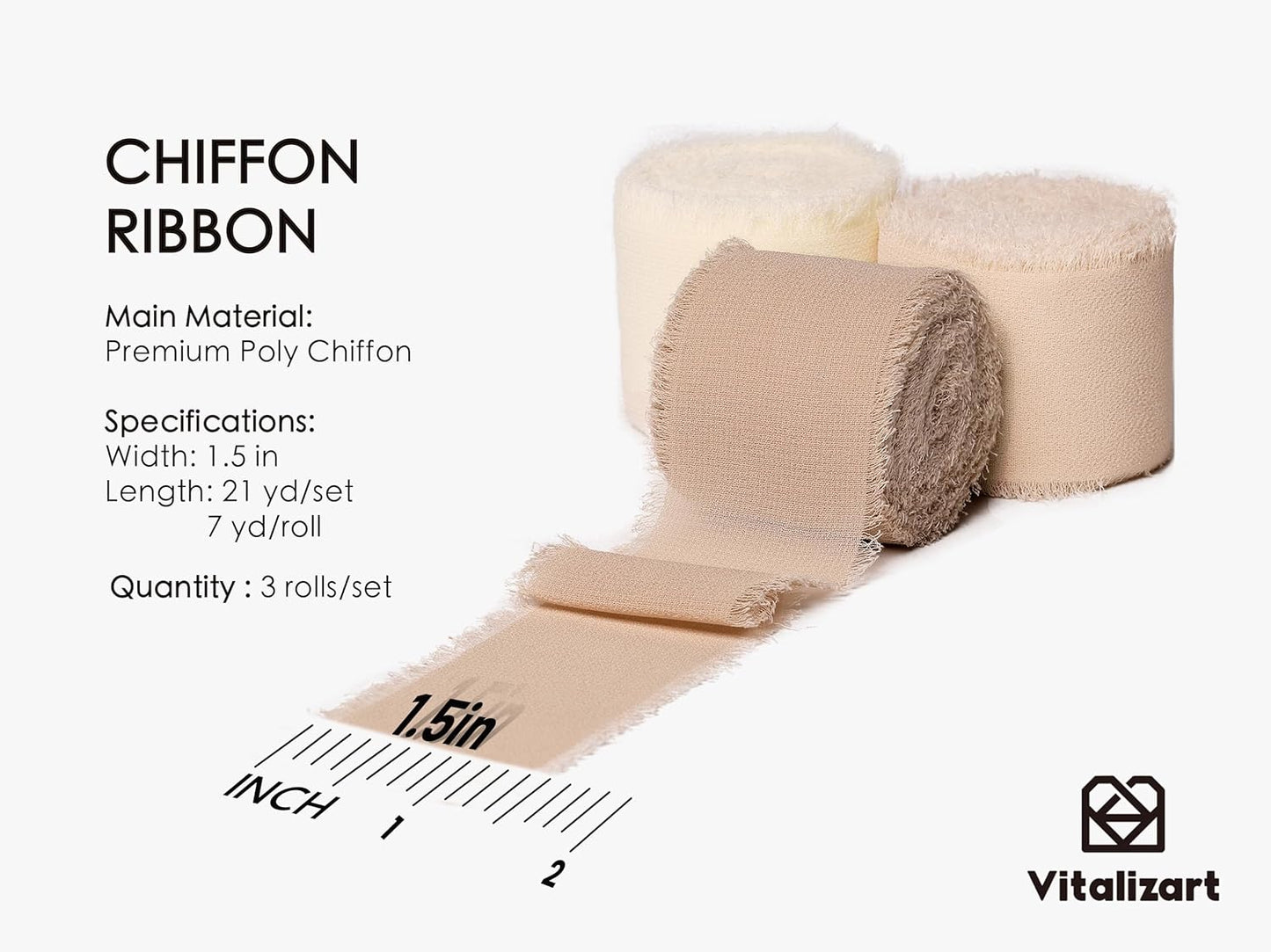 Vitalizart White Handmade Chiffon Silk Ribbon Fringe 1.5" x 21 Yd Nude & Ivory Frayed Edges Ribbons for Wedding Invitations Bridal Bouquets Gifts Wrapping Crafts Holiday Party Decorations