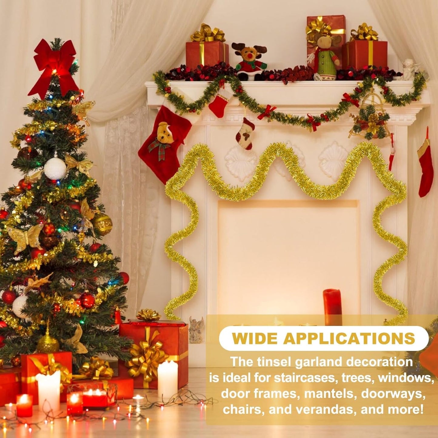 25 Feet Gold Christmas Tinsel Garland, Metallic Foil Twist Banner Wall Hanging Tinsel Streamers Backdrop for Parade Floats, Christmas, Mother's Day, Birthday Party Decorations(4in x 25ft)