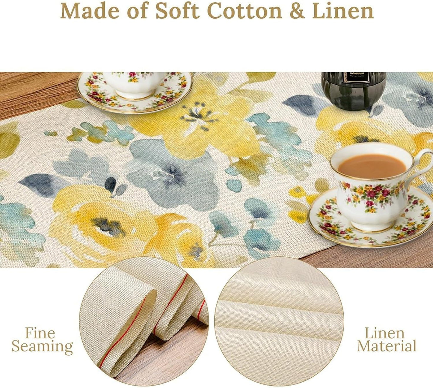 Watercolor Floral Table Runner, Seasonal Summer Yellow Flower Print Kitchen Dinning Table Runner for Indoor Outdoor Home Wedding Party Holiday, 13x120 Inch