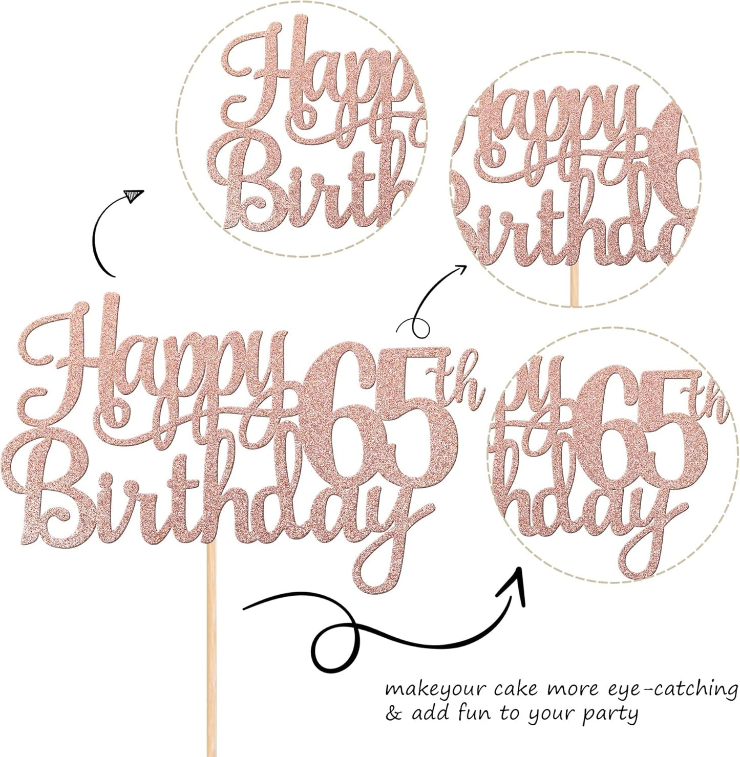 1 PCS Happy 65th Birthday Cake Topper Glitter Cheers to 65 Years Birthday Cake Pick 65 Fabulous Cake Decoration for Happy 65th Birthday Theme Party Decorations Supplies Rose Gold