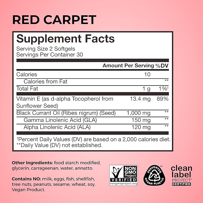 HUM Red Carpet - Skin & Hair Supplement - Black Currant Seed Oil for Glowing Skin & Strong Thicker Hair with Vitamin E & Omegas 3/6 - Hair Growth Vitamins for Women (60-Count)