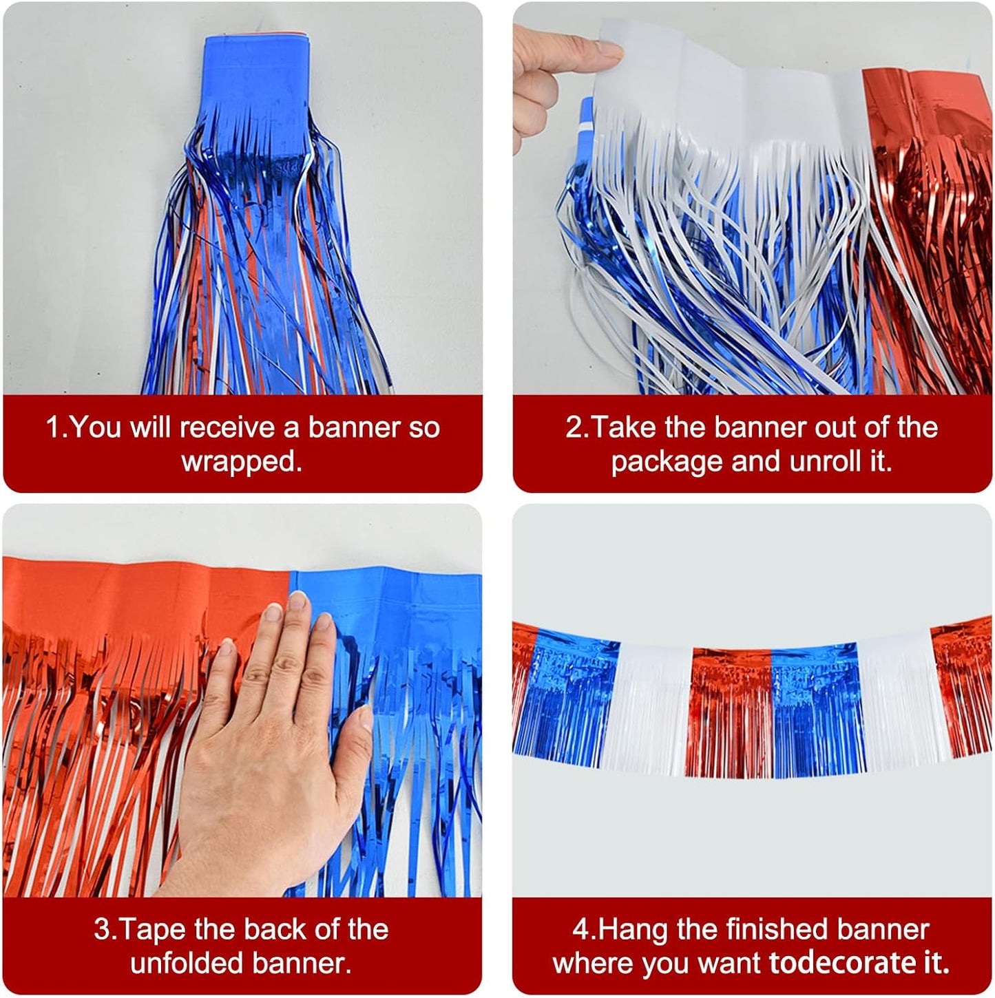 BEISHIDA 3 Packs Metallic Foil Fringe Garland Red White Blue Wall Hanging Tinsel Fringe Banners for Floats Birthday 4th of July Memorial Day Patriotic New Year Party Decoration(30 Feet)