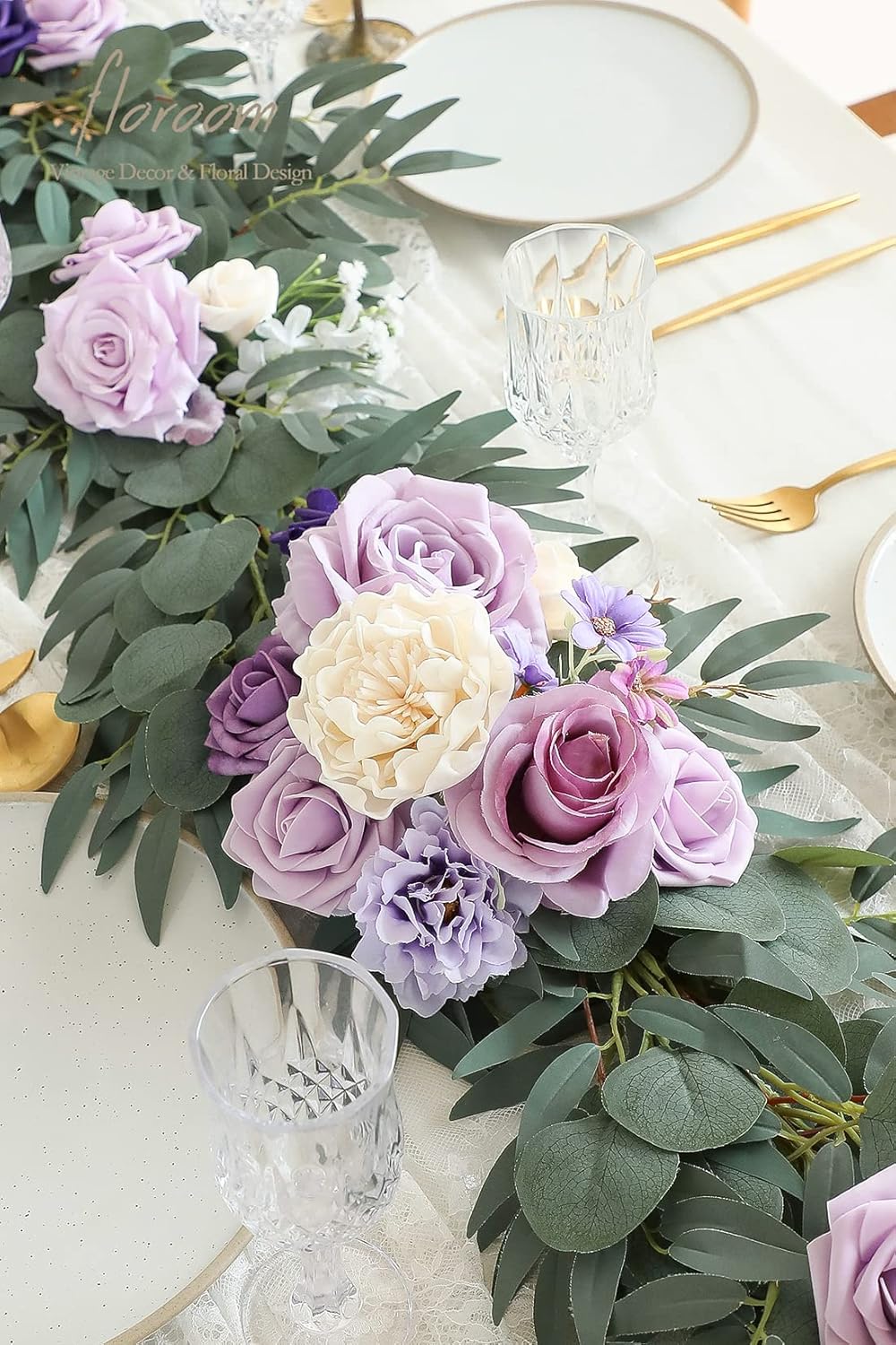 Floroom 6ft Artificial Eucalyptus Garland with Flowers Fake Greenery Faux Floral Vine Garland for Table Decor Wedding Centerpieces Bridal Shower Party Decorations, Lilac & Lavender