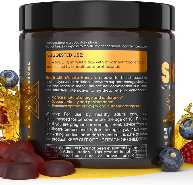 Peak Revival Shilajit Gummies with Manuka Honey, Mixed Berry Flavor, 60 Count, 100mg per Serving, 30 Servings