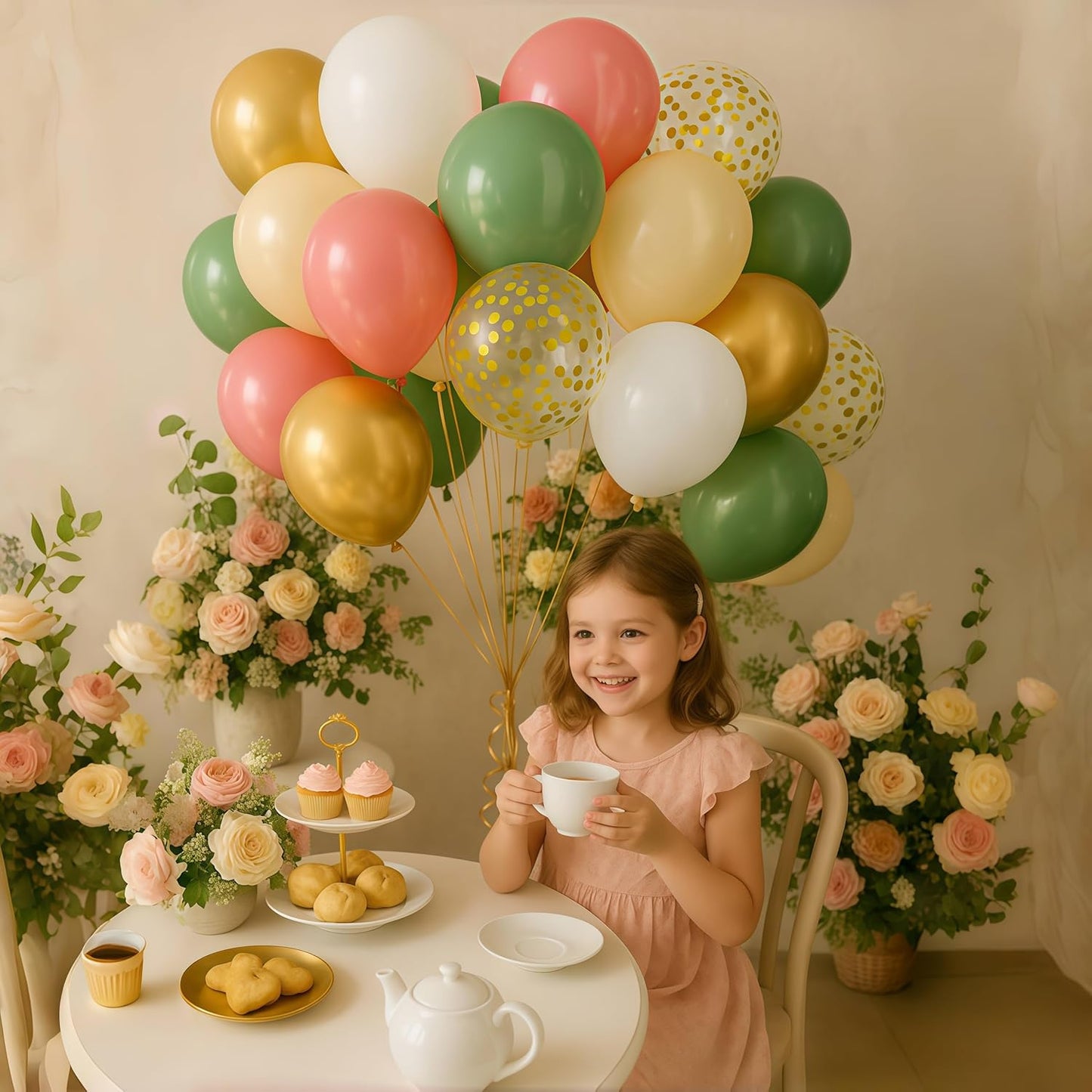 Sage Green and Dusty Pink Balloons, Retro Pink and Green White Gold Confetti Baby in Bloom Balloons for Girls Women Fairy Floral Wildflower Birthday Woodland Baby Shower Garden Tea Party Decorations