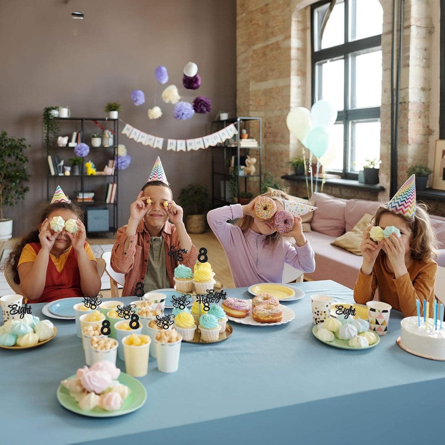 30Pcs 8th Birthday Cupcake Toppers Glitter Eight Hello 8 Cupcake Picks Cheers to 8 Years Old Cake Decorations for 8th Birthday Party Supplies Black