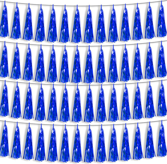 4P Blue Foil Fringe Metallic Tassel Streamers Banner Tassel Garland for Parade Floats, Bachelorette, Wedding, Birthday, Halloween, Christmas, Bridal/Baby Shower Party Decorations