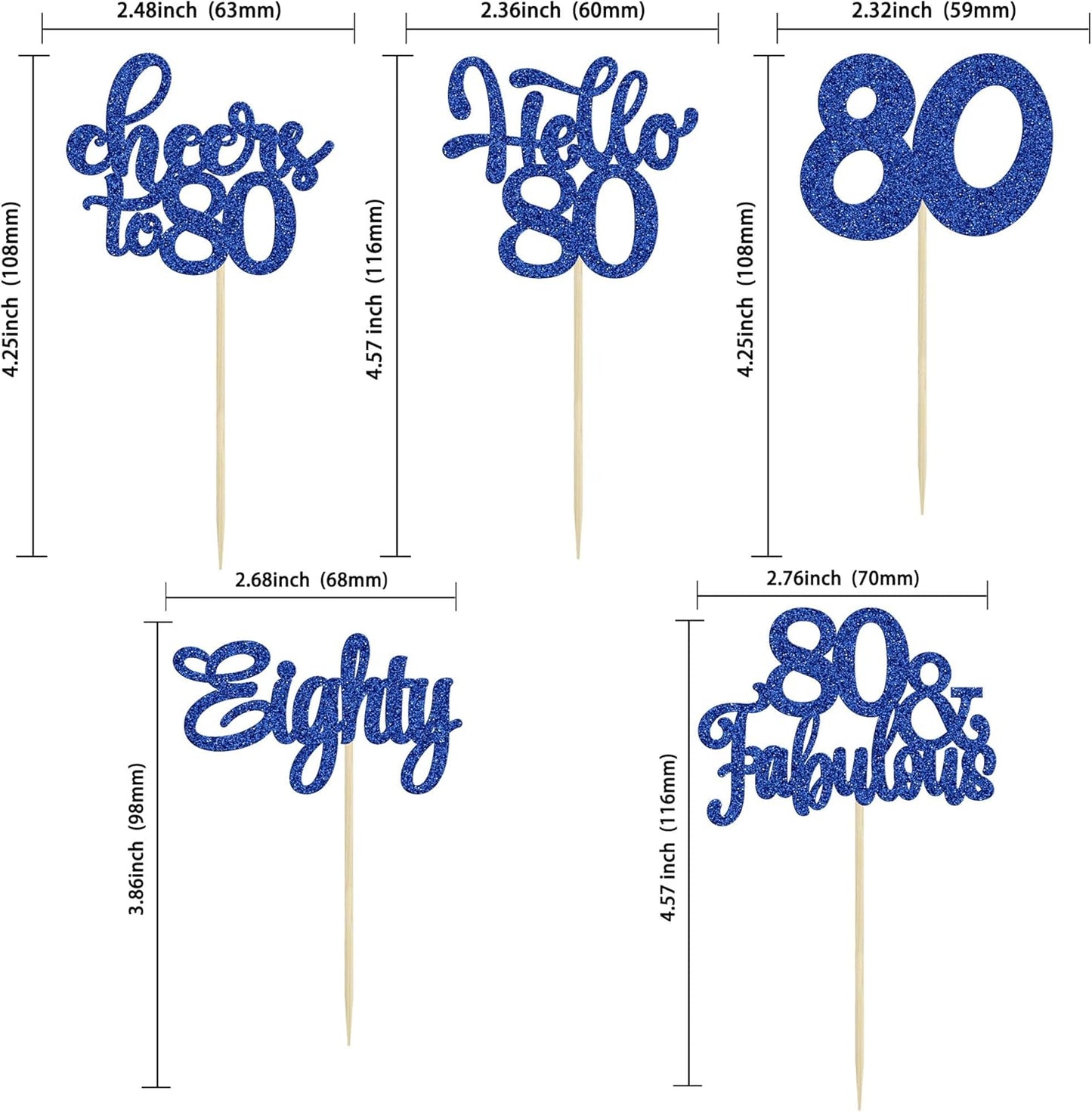 30Pcs Happy 80th Birthday Cupcake Toppers Eighty Cheers to 80 Years Old Birthday Cupcake Picks for Happy 80th Birthday Anniversary Party Cake Decorations Deep Blue Glitter