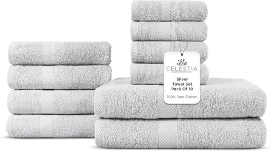 100% Cotton Bath Towel Set of 10-2 Bath Towels, 4 Hand Towels, 4 Wash Cloths, Sustainable, Soft, Highly Absorbent, Combed Cotton 10 Piece Set for Hotels, Spa, Bathroom, Dorm, Silver