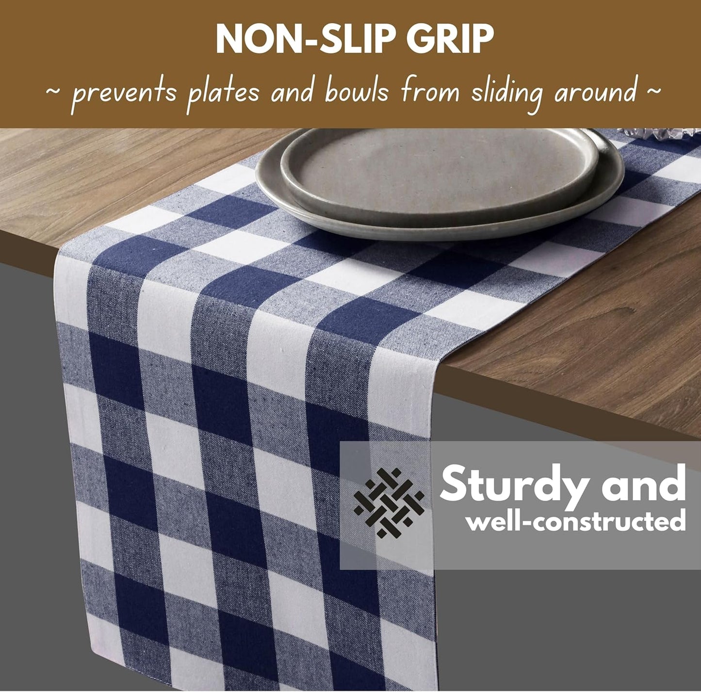 Native Fab Table Runner Buffalo Check Plaid 100% Cotton - 13x90 Inches Kitchen Dining Table Decoration for Indoor Farmhouse Home Decor - Navy Blue and White