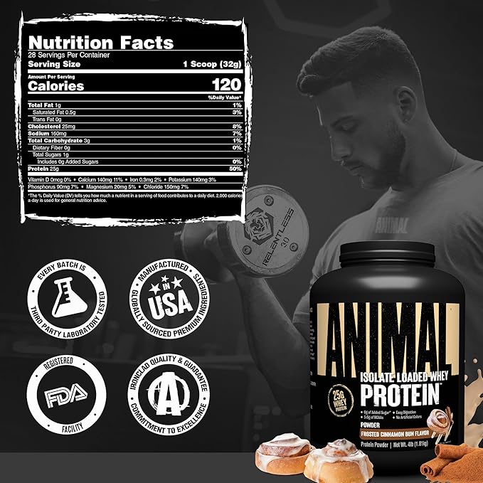 Animal Whey Isolate Protein Powder - Loaded for Pre & Post Workout Muscle Builder and Recovery with Digestive Enzymes for Men & Women - 25g Protein, Great Taste, Low Sugar - Frosted Cinnamon Bun 4 lbs