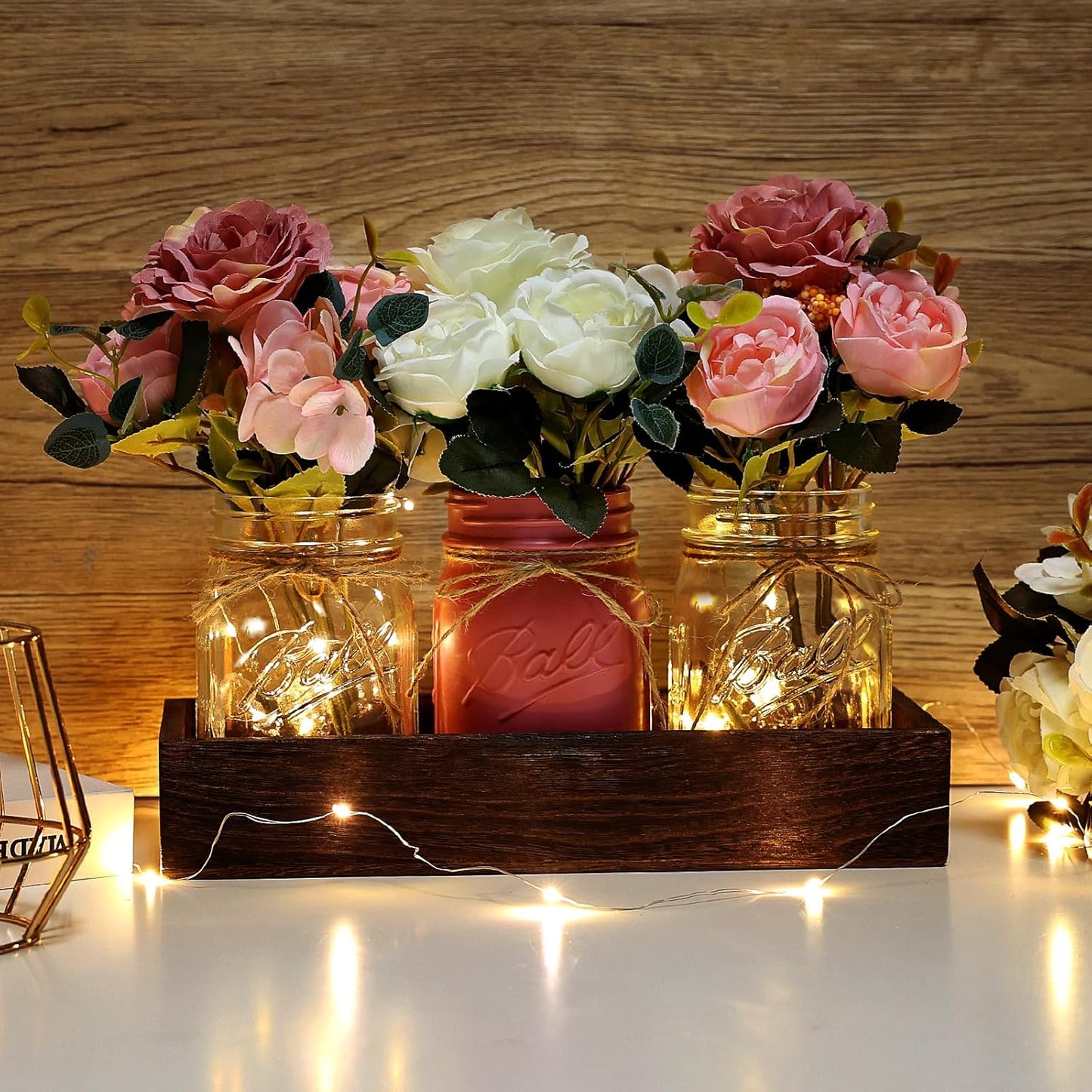 Mason Jar Lights Centerpiece for Table, Mason Jar Centerpiece Decor for Dining Room Farmhouse Coffee Table Decor with Wood Tray Fairy Lights Fake Peony Flowers for Kitchen Living - Pink White