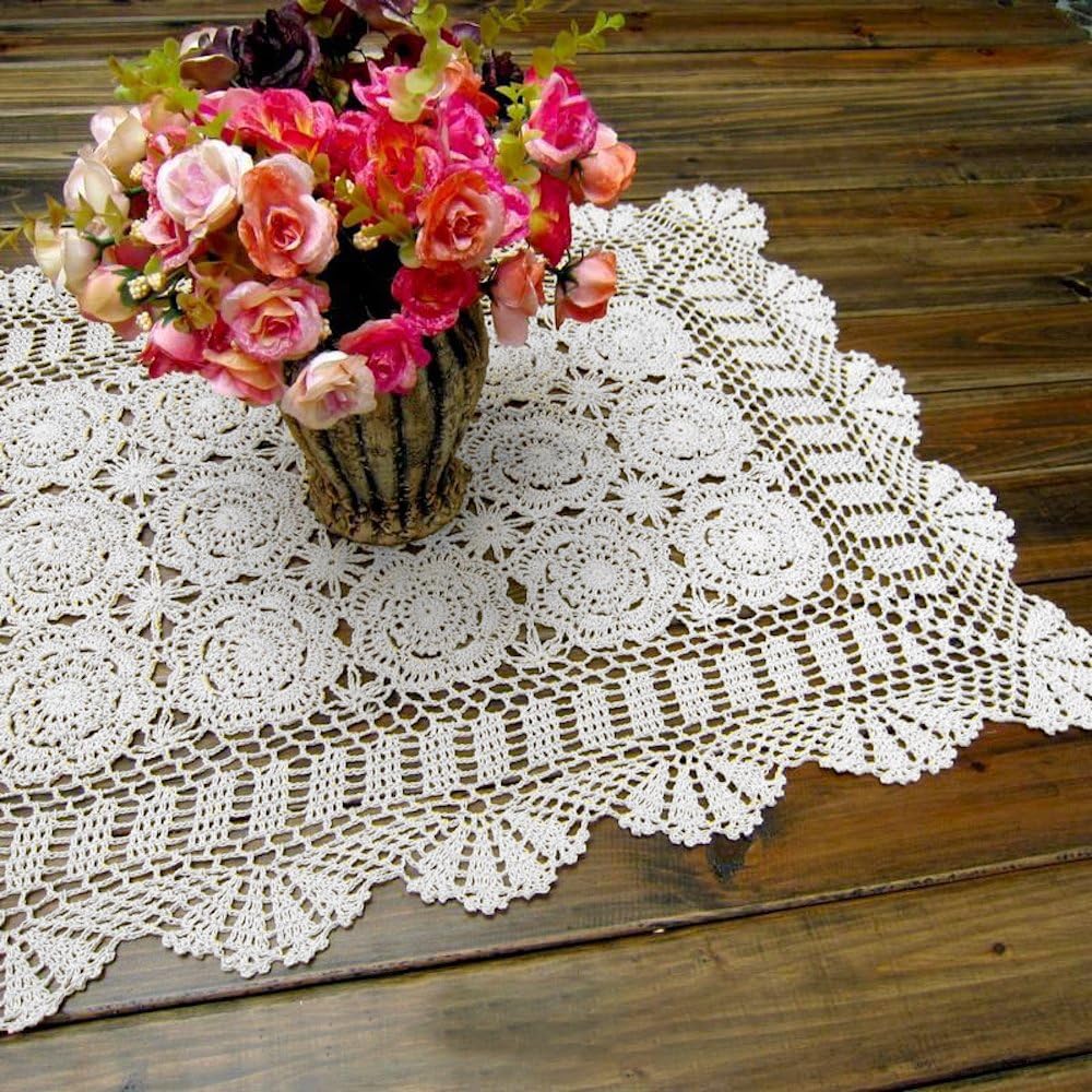 Cotton Handmade Crochet lace Table Runners Rectangular Tablecloth Doilies Doily Table Dresser Scarf Décor,19x31Inch,White