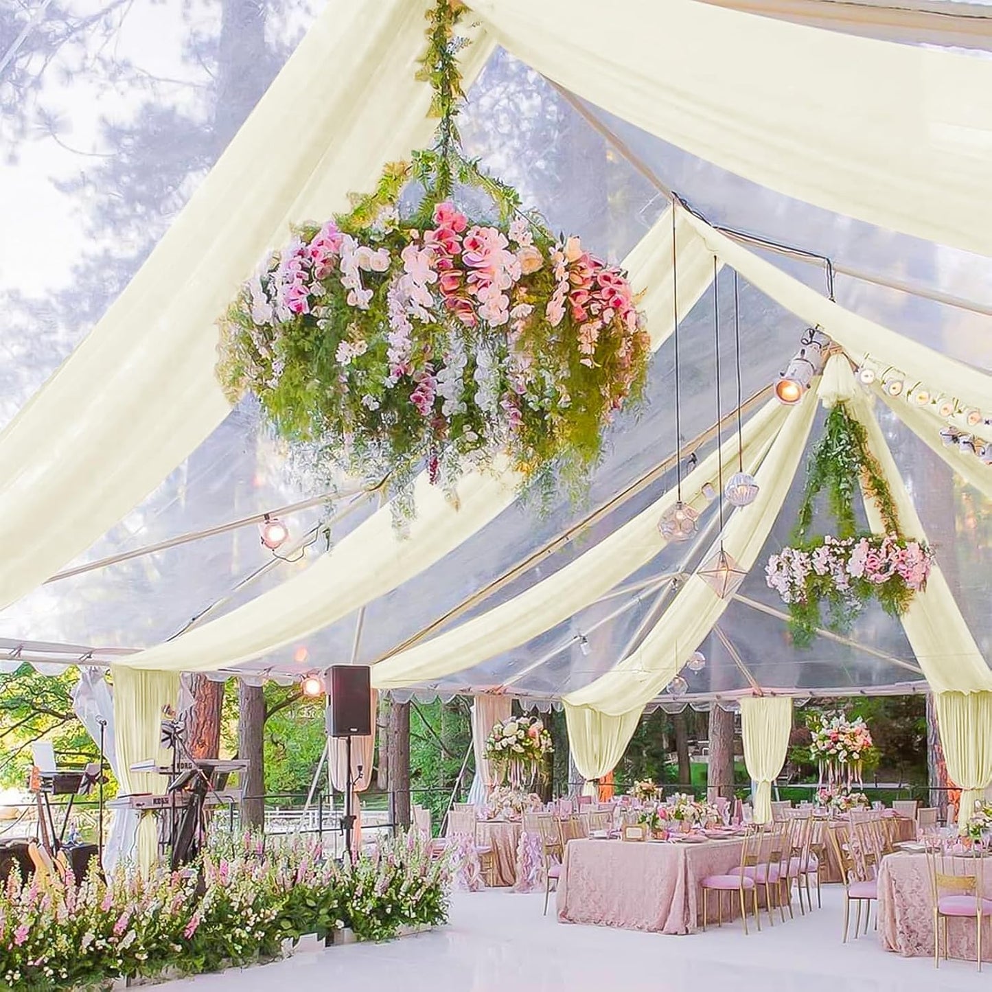 4 Panels Ivory Ceiling Drapes for Wedding 5ftx30ft Sheer Drapery Chiffon Fabric Arch Draping Curtains for Party Ceremony Birthday Baby Shower Reception Stage Ceiling Decorations